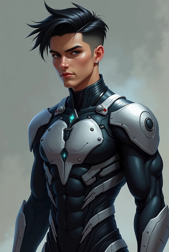 ‏Hair: Short, jet-black with a neat and clean-cut style, adding to his sharp, futuristic look.
‏	•	Eyes: Bright steel-gray with shimmering metallic flecks that intensify when he uses his powers.
‏	•	Height: 6’0”
‏	•	Build: Lean and athletic, with a wiry frame that emphasizes agility over brute strength.
‏	•	Clothing Style:
‏	•	A black-and-silver tactical suit with metallic accents and circuit-like designs, optimized for enhancing his abilities.
‏	•	Magnetized gauntlets for precision and force amplification.
‏	•	A metallic choker that doubles as a power conductor for his abilities.
