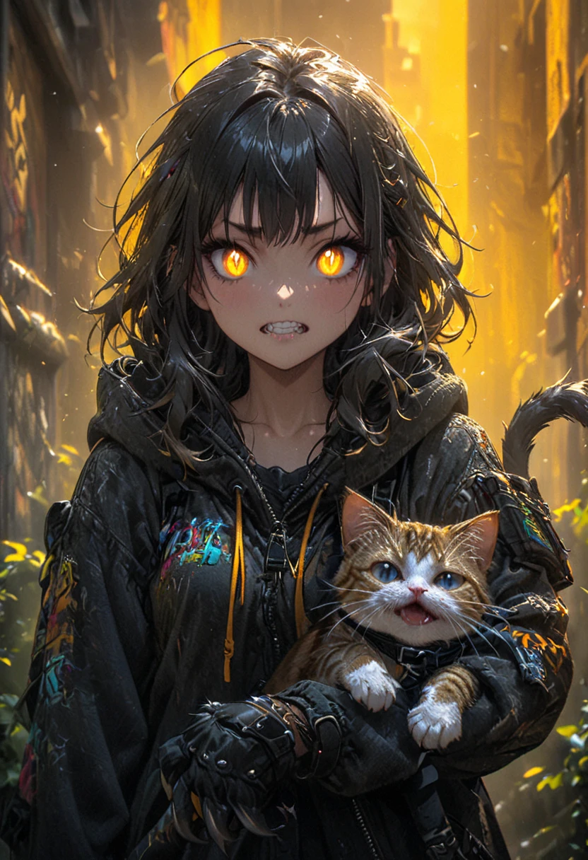  wallpaper 4k ,yellow background,1 girl, graffiti style image,cat, bright eyes ,claws and teeth