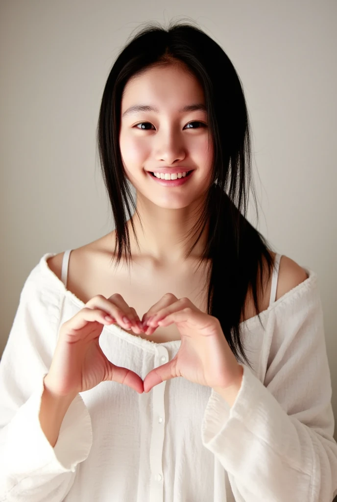  1 woman with a cute smile、I'm wearing cute clothes 。,  fluffy off-shoulder pajamas,  Making a big heart with both hands , Hold it in front of your chest , View above the collarbone、  has a monotone background  、
