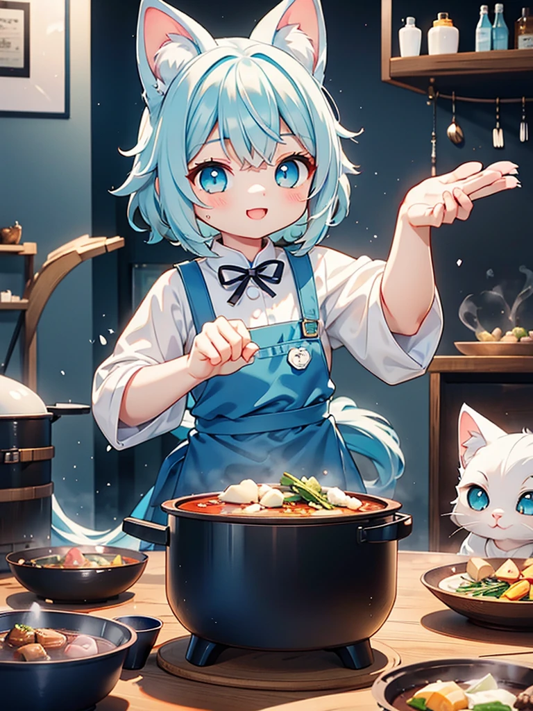 Siamese cat、kitten、 white and gray body hair cutting through meat、 paw paw in the forefoot that is being prepared、smile、 cyan blue apron on the table、 hot pot dishes、