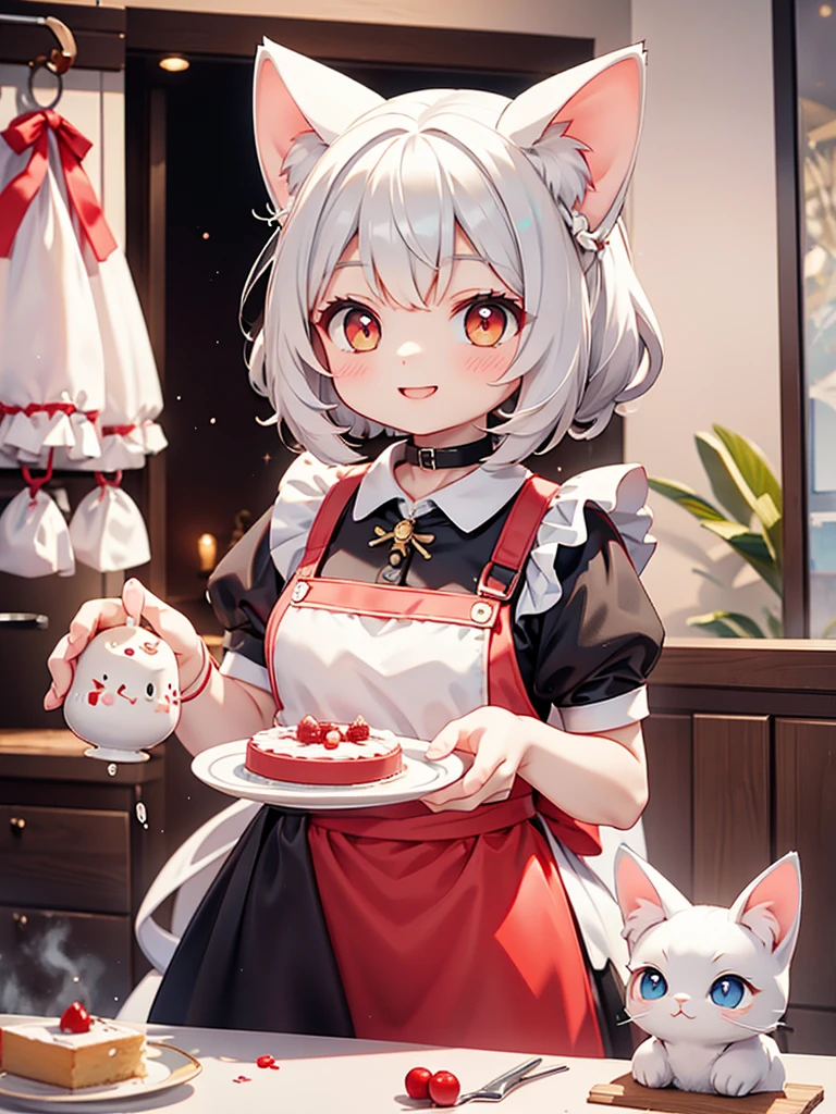 Siamese cat、kitten、 white and gray body hair cutting through meat、Making a cake、Red apron 、Smile、Red collar、 has a bell attached to the collar、