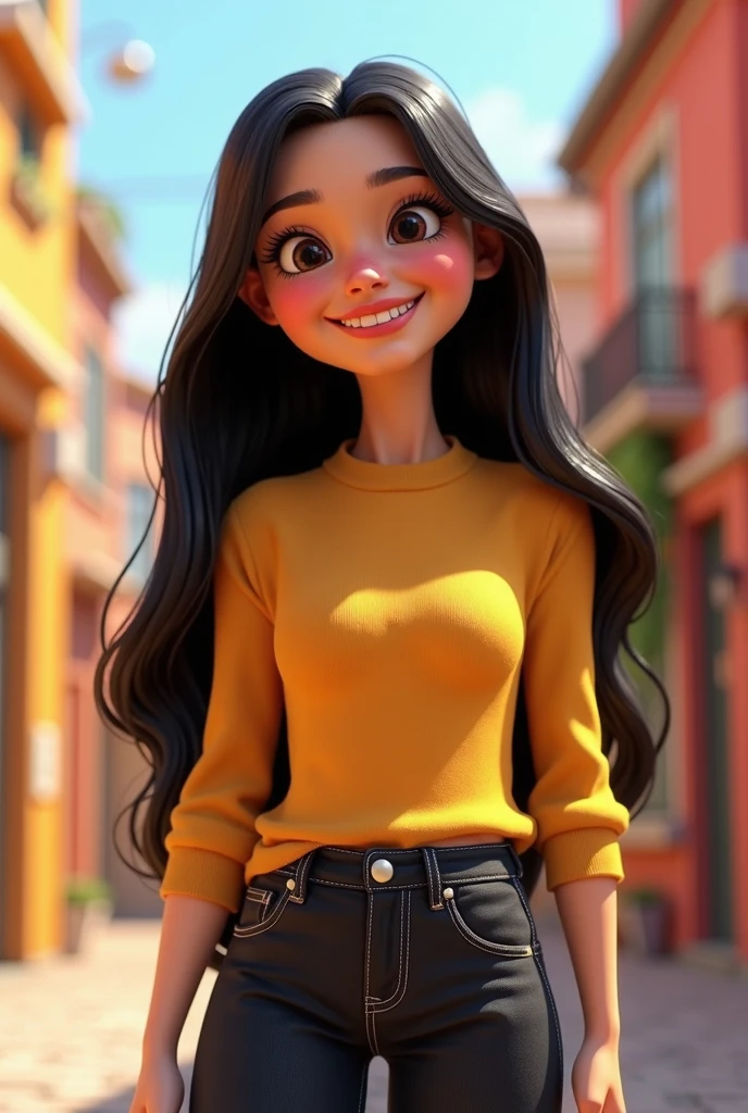 3D PIXAR CARTOON . WOMAN VERY LONG BLACK HAIR. straight hair - SeaArt AI