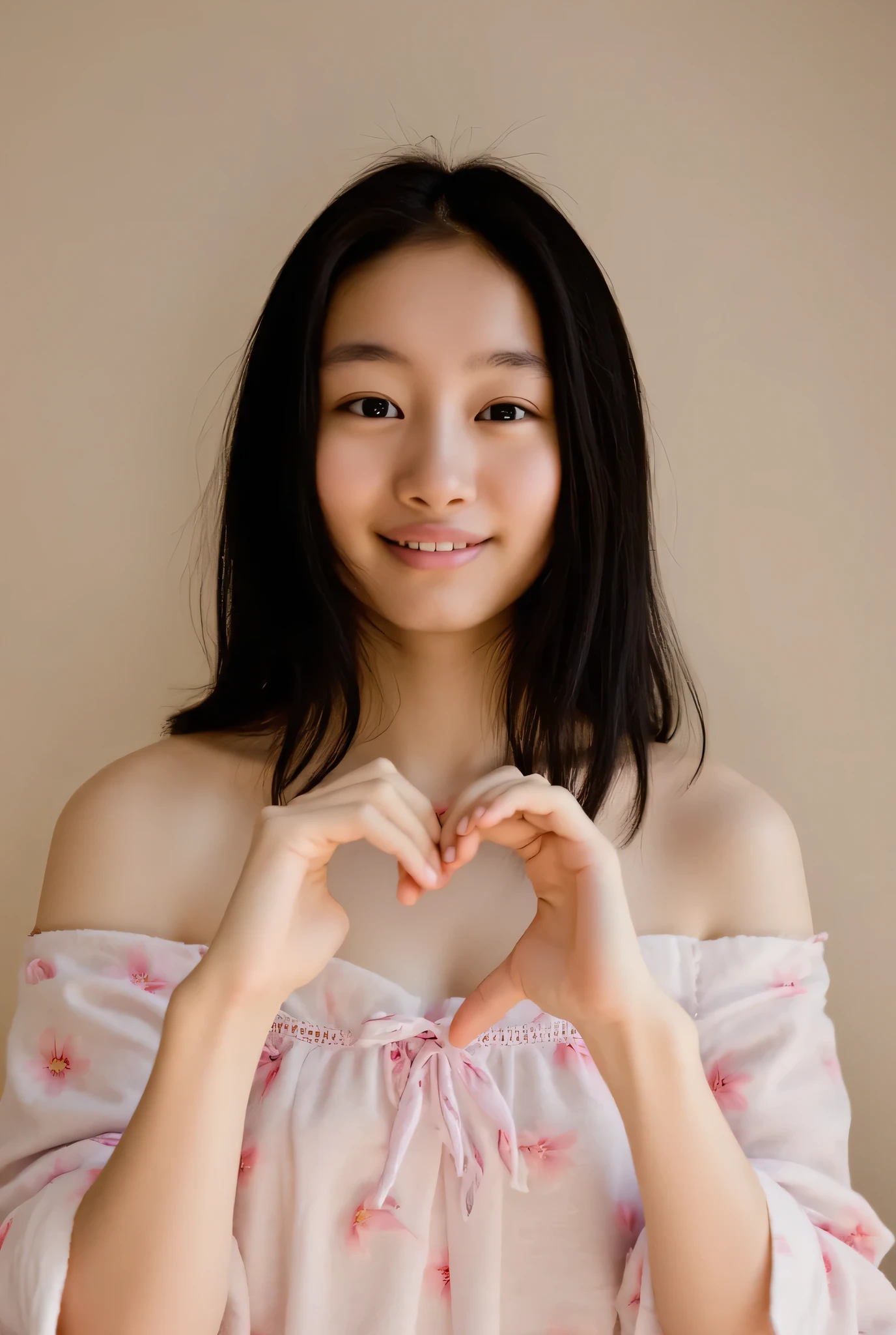  1 woman with a cute smile、I'm wearing cute clothes 。,  fluffy off-shoulder pajamas,  Making a big heart with both hands , Hold it in front of your chest , View above the collarbone、  has a monotone background  、
