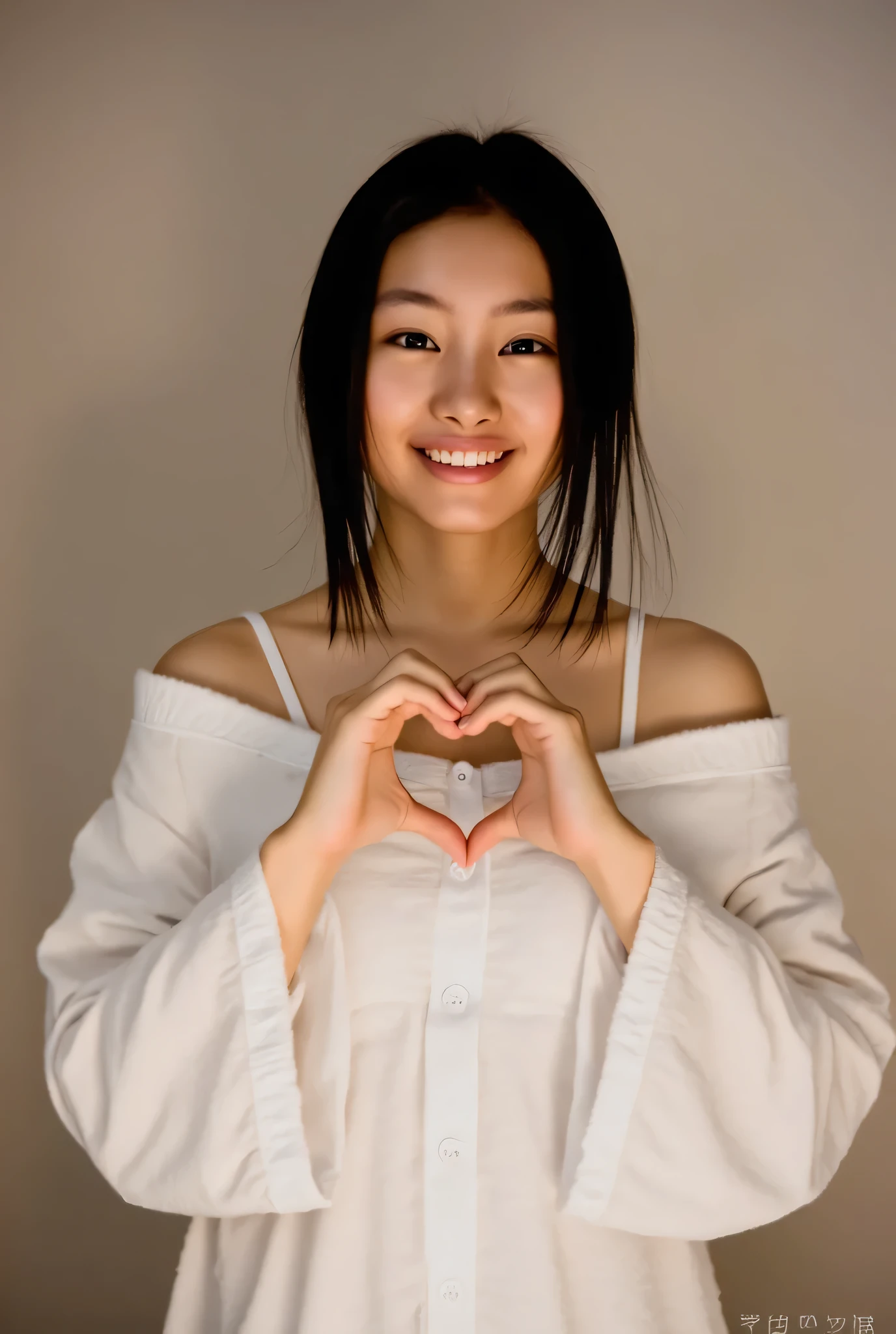  1 woman with a cute smile、I'm wearing cute clothes 。,  fluffy off-shoulder pajamas,  Making a big heart with both hands , Hold it in front of your chest , View above the collarbone、  has a monotone background  、
