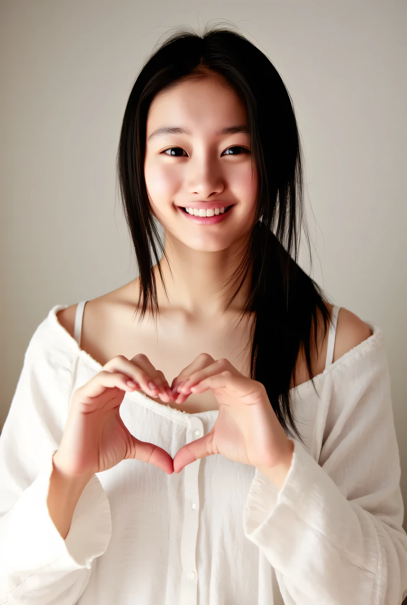  1 woman with a cute smile、I'm wearing cute clothes 。,  fluffy off-shoulder pajamas,  Making a big heart with both hands , Hold it in front of your chest , View above the collarbone、  has a monotone background  、
