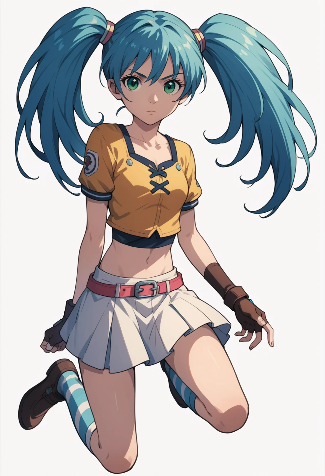 score 9, score 8 up, score 7 up,masterpiece_portrait, high quality, anime coloring, bakugan, runo misaki, 1girl, solo, twintails, gloves, fingerless gloves, striped, skirt, simple background, long hair, socks, blue hair, white background, full body, striped socks, midriff, green eyes,   green eyes,  attractive appearance, masterpiece,  blue hair