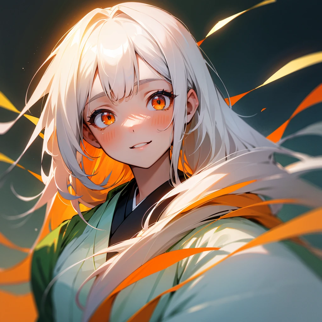 (high resolution:1.18), intricate detail, (masterpiece:1.1), (highest quality:1.1), absurdres),(1girl, portrait, white hair, orange eyes, long hair, detailed eyes), 1girl, Solo, High Resolution, Long Hair, long white hair, wearing sheer green haori, Best Quality, High Resolution, HD, High Details, Long Hair, Very Long Hair, White Hair, Blush, Smile, Parted Lips, 