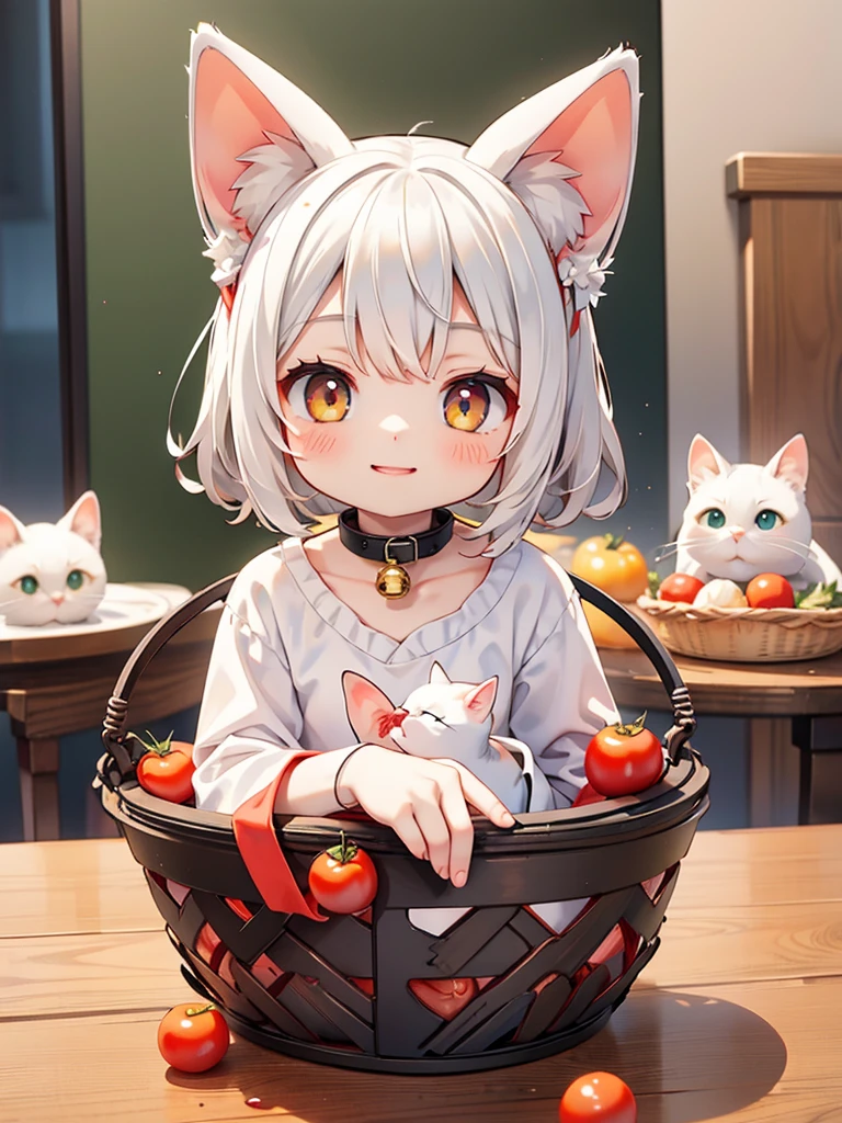 Siamese cat、kitten、 white and gray body hair cutting through meat、 drinking tomato juice、Tomatoes in a basket on the table 、smile、 collar with a red bell、