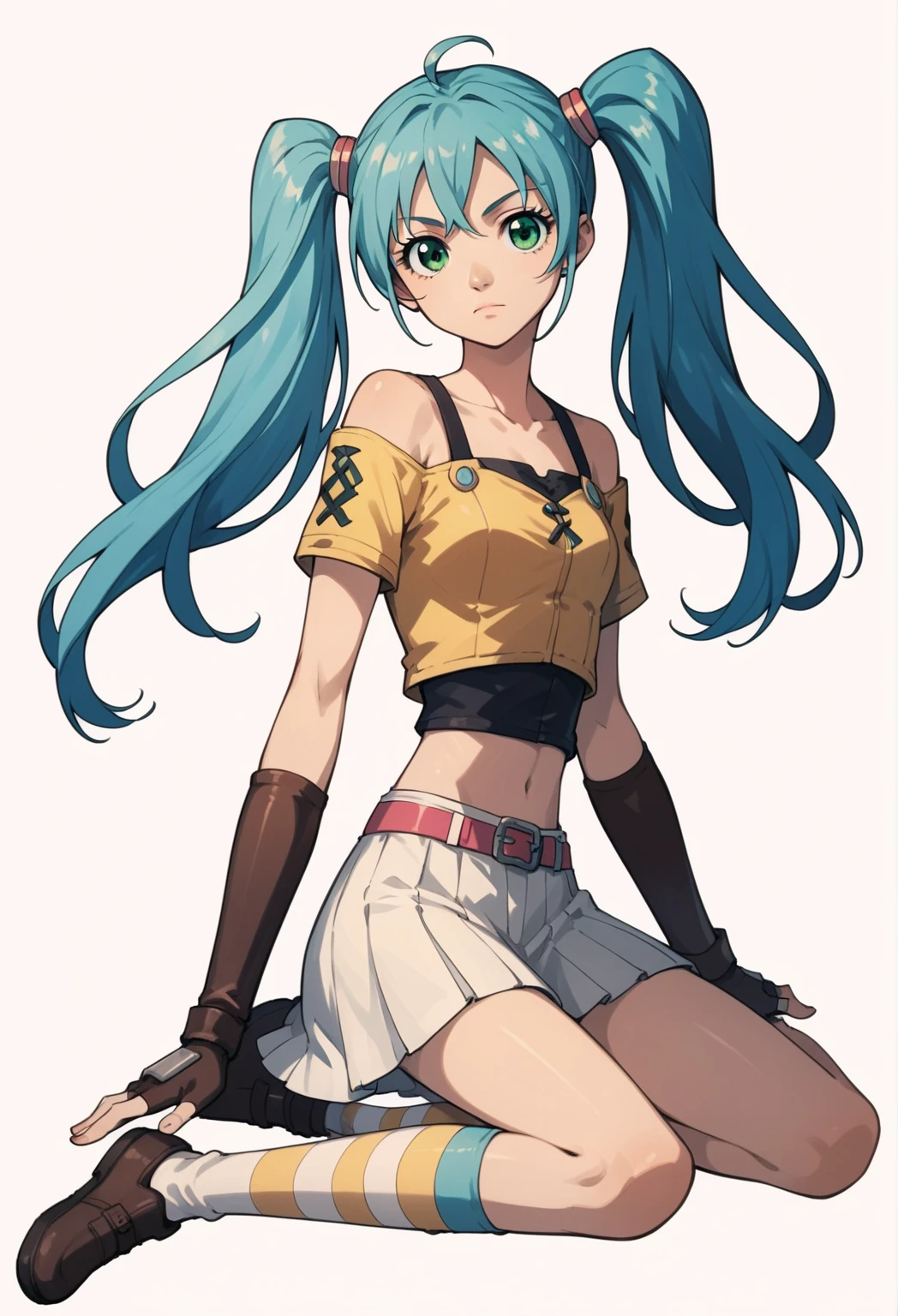 score 9, score 8 up, score 7 up,masterpiece_portrait, high quality, anime coloring, bakugan, runo misaki, 1girl, solo, twintails, gloves, fingerless gloves, striped, skirt, simple background, long hair, socks, blue hair, white background, full body, striped socks, midriff, green eyes,   green eyes,  attractive appearance, masterpiece,  blue hair