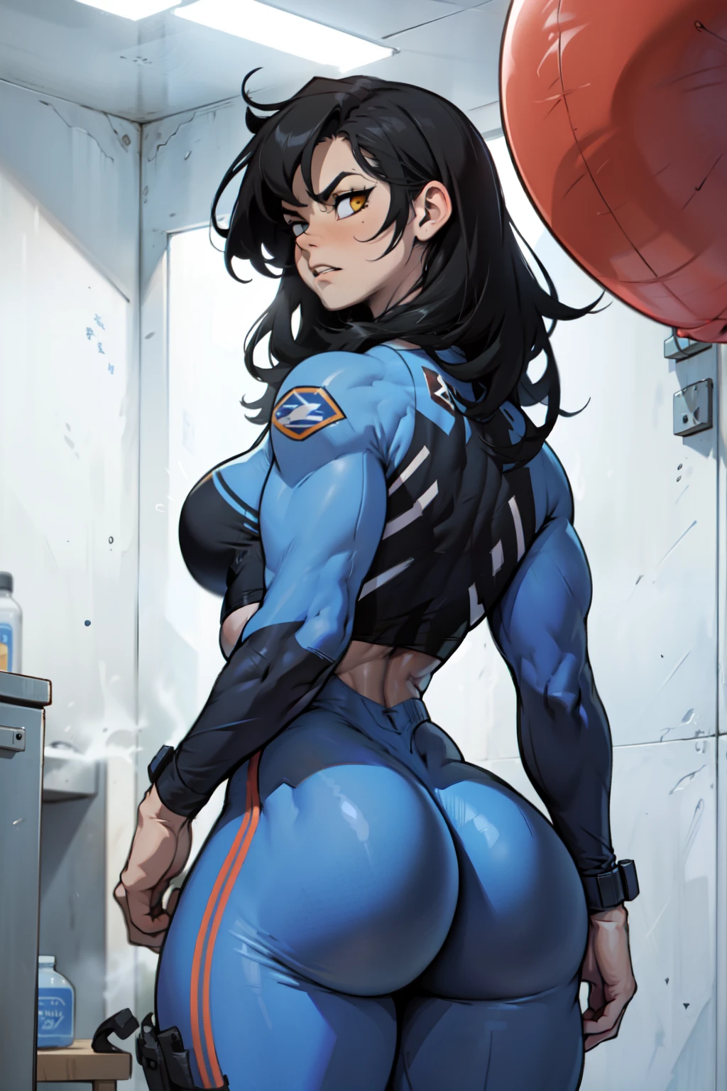 best quality (((((girl muscular thick thighs))))) (full bodysuit cowboy-shot from behind from above) pale skin black hair yellow eyes very long hair big ass