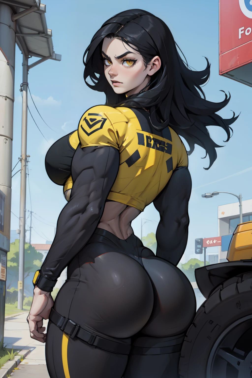 extremely long hair girl muscular large breasts black hair pale skin yellow eyes thick thick thick skin tight suit from below from below close up close up big ass