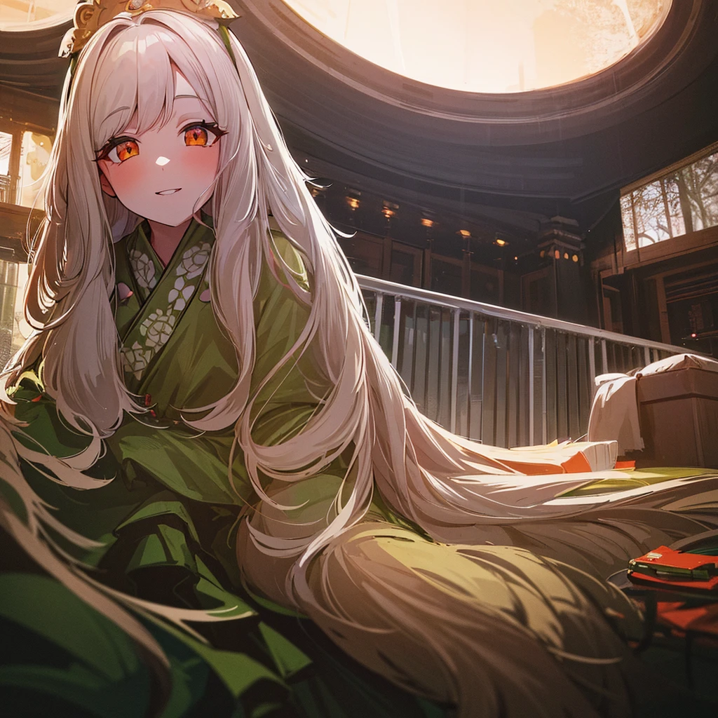 (high resolution:1.18), intricate detail, (masterpiece:1.1), (highest quality:1.1), absurdres),(1girl, portrait, white hair, orange eyes, long hair, detailed eyes), 1girl, Solo, High Resolution, Long Hair, long white hair, wearing sheer green haori, Best Quality, High Resolution, HD, High Details, Long Hair, Very Long Hair, White Hair, Blush, Smile, Parted Lips, 