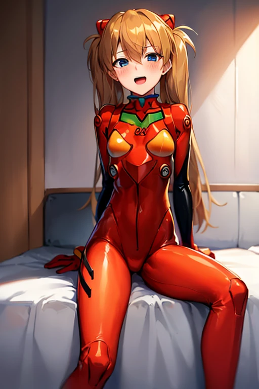 (( top quality )), ((masterpiece)), (be familiar with),  perfect face, indoor, bedroom,  watching viewers,
One woman,  Soryu Asuka Langley,
 open mouth,  ecstatic expression beside the piano, blush, smile,
 small tits,  flat chest, Young girl, Lori,  s,  girl,
 long hair,  Twin Tails ,
Leg spread,