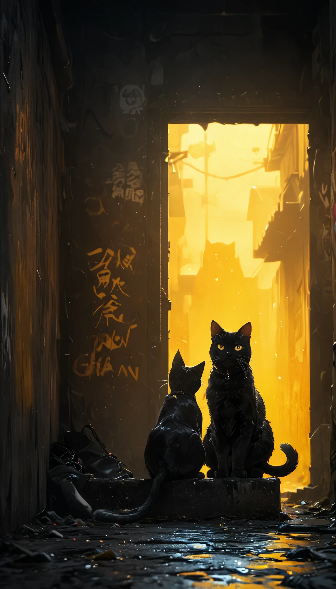  wallpaper 4k ,yellow background,1 girl, graffiti style image,cat