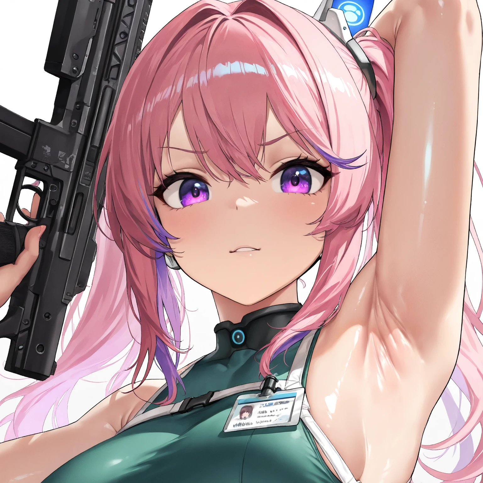 (Best Masterpiece, HDR, 2k, High Quality) solo, pepper, pepper from Goddess of Victory: Nikke". She has long pink hair with purple highlights. She wears a futuristic medical outfit and advanced medical accessories. Her expression is warm and caring. She holds a futuristic gun, blending her healing and combat roles. The background features a high-tech medical facility with soft green and blue lights. ((Armpits, Showing Armpits, Detailed Armpits, Shiny Armpits, More Detailed Armpits, Armpits Crease, Perfect Armpits, Zoom In Armpits, Side Armpits)) 