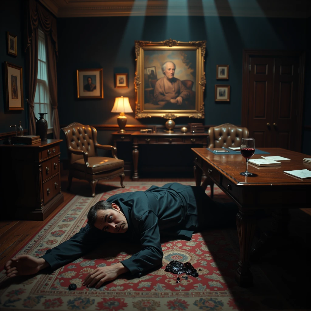  An elegant office room of a billionaire ,  illuminated by faint lights .  In the center the dead billionaire Samuel Grayson lying on the floor,  and a rich wooden table with a broken wine glass , with a mysterious residue dripping from the cup . In the background,  an intriguing and dislocated work of art on the wall .  The environment must convey a dark air ,  with shadows cast that suggest mystery and tension ."

