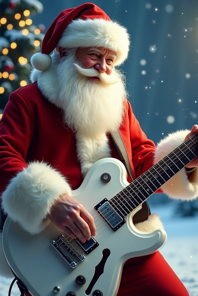 Santa Claus playing white electric guitar
