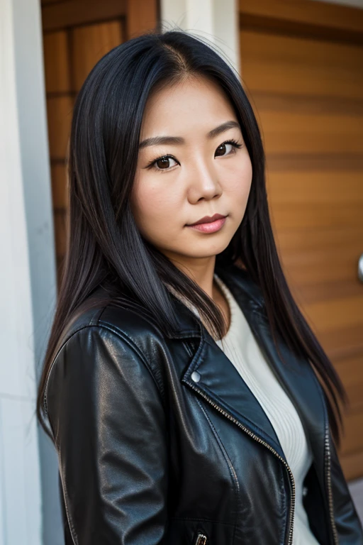 Medium view, of young aged, 19 year old, girl, gilf, milf, face portrait, asian￼ features, korean girl, extremely fat, long hair, black silk leather jacket over sweater, in Small town alaska,