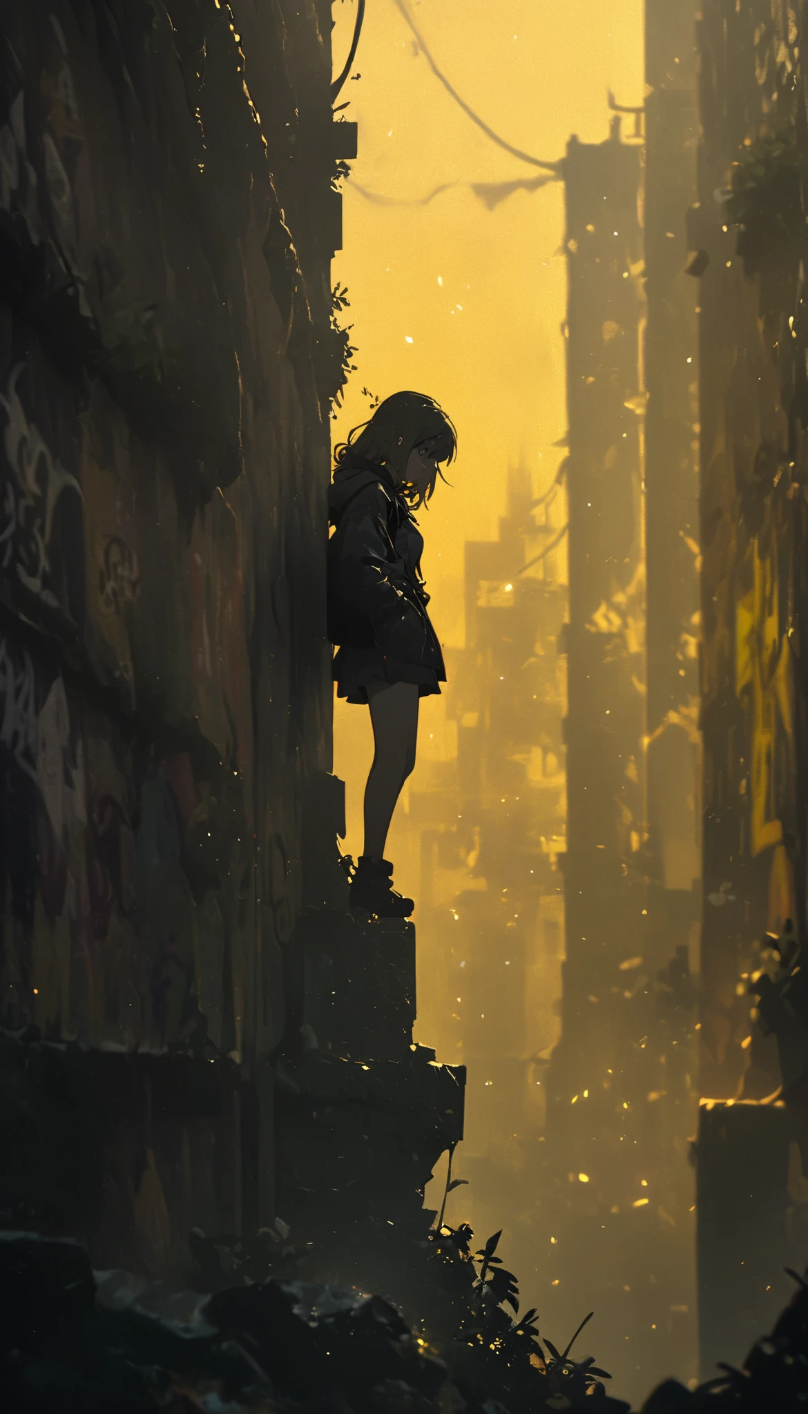  wallpaper 4k ,yellow background,1 girl, graffiti style image,precipice