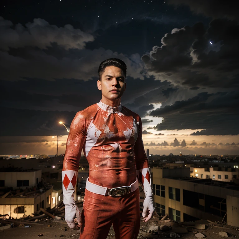 Ranger vermelho da série de tv Migthy Morphin Power Rangers ,  facing the viewer  ,  facing the viewer  ,  looking forward  ,  Looking at the spectator  , in a sprawling abandoned and destroyed city , at night , cloudy night , View from the waist up 