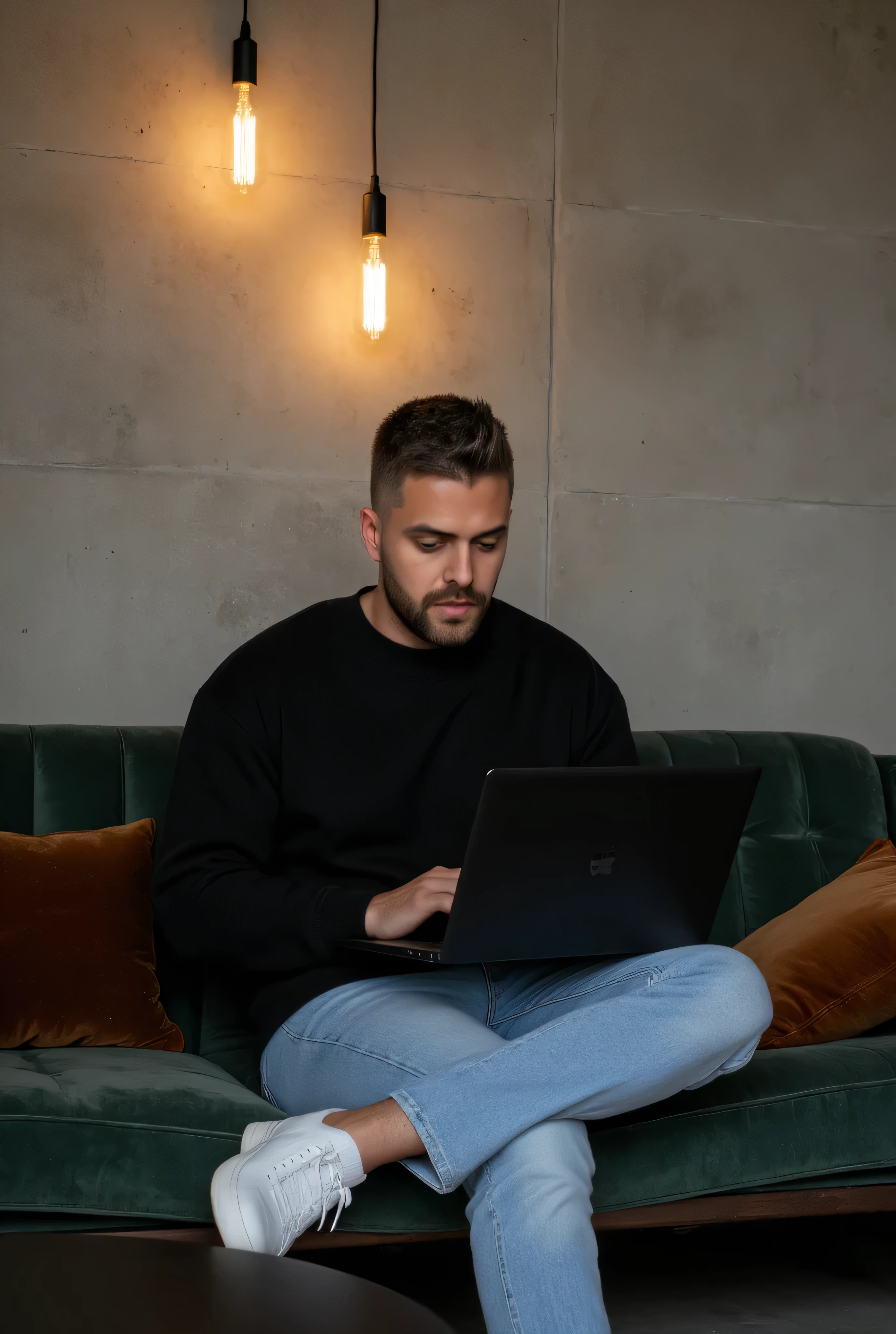 (Masterpiece:1.3), (8K, Photorealistic, RAW photo, Best Quality: 1.4)A stylish, industrial-inspired lounge where a young man sits on a black sofa, absorbed in his black space grey colour MacBook pro. Hair: The hair is short, styled short on the sides and longer on top. The color is a natural dark brown base with subtle hints of lighter brown or warm undertones in the lighting. Beard: The beard is well-groomed and matches the hair color with a dark brown tone, slightly darker than the hair on the head due to its density. There are faint warmer undertones around the jawline and mustache, which add natural definition to the face. The beard is consistent in tone, appearing clean and uniform, complementing the overall hairstyle. Together, the cohesive dark brown tones of the hair and beard create a polished and modern appearance, with a natural warmth that enhances his features.. The room features textured grey concrete walls, creating a unique modern art backdrop. Above him, two exposed filament pendant lights hang, casting warm, atmospheric light that highlights the aged texture of the sofa and the subtle velvet pillows. His outfit0oversized black crewneck sweatshirt and light blue jeans, and white sneakers—adds a clean, contemporary touch to the retro setting. Details: Lighting: Warm and ambient, creating soft shadows and a moody atmosphere. Camera Angle: Wide shot, slightly tilted to emphasize the lines of the wall and subject’s posture. Mood: Cozy, stylish, and industrial. Color Palette: Warm earth tones – browns, grays, copper, and deep green. Artistic Style: Interior photography with a focus on industrial design and minimalistic fashion. Depth of Field: Shallow (sharp focus on subject and immediate surroundings, subtly blurred edges).