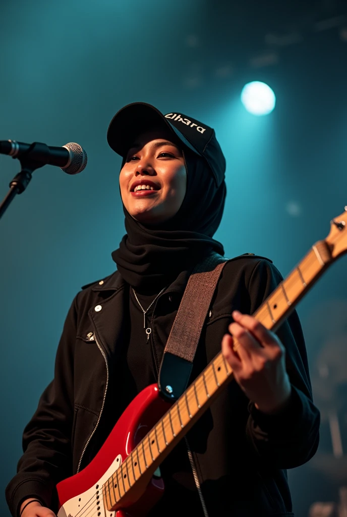 Photo of a beautiful 20 year old Indonesian woman playing rock guitar on stage, black jacket, wearing a black hijab, with the words "ZHARA" written in hat, taken with an anamorphic lens for National Geographic magazine, the background is very realistic.