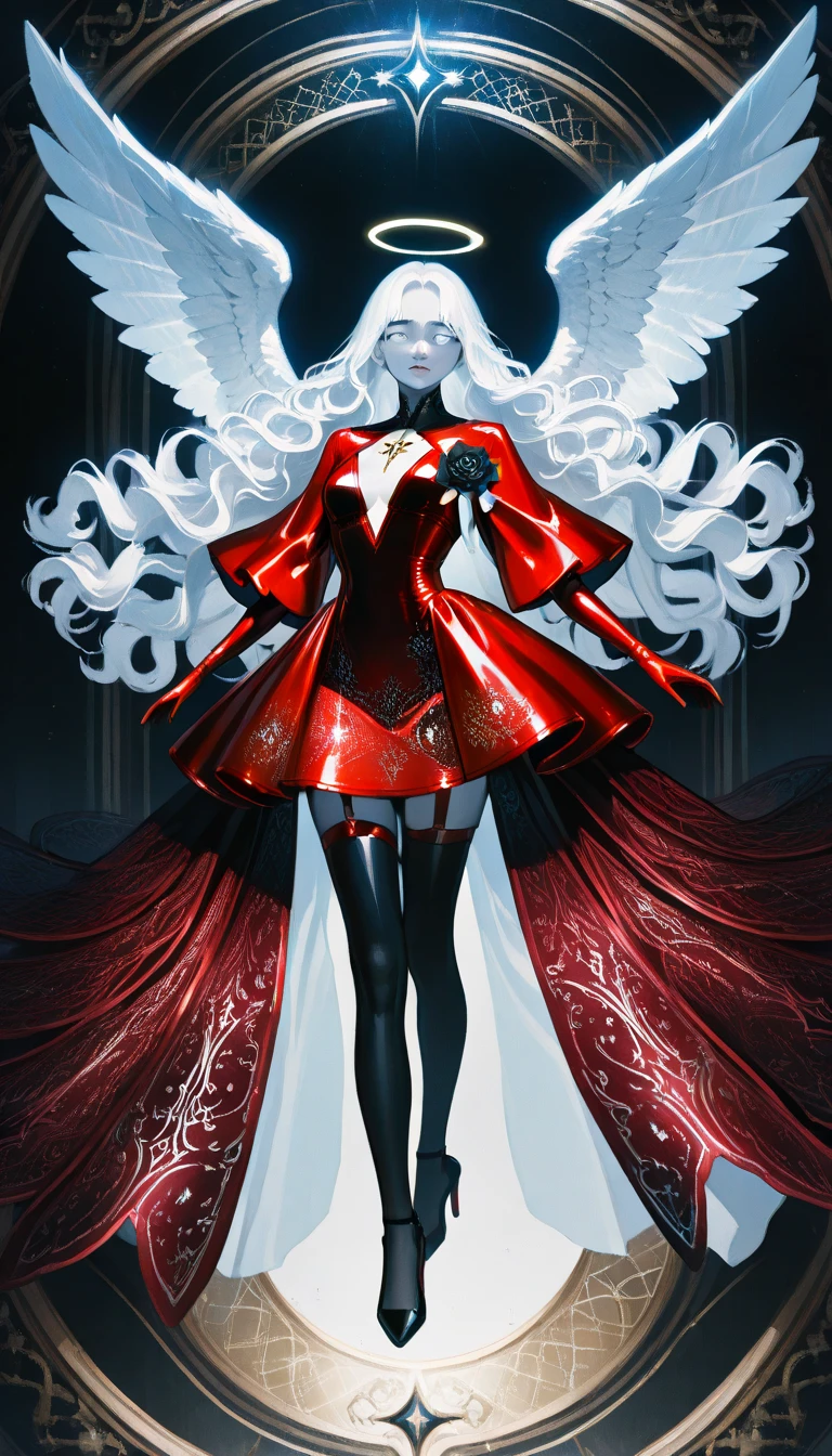 score_9, score_8_up, score_7_up, score_6_up, score_5_up, score_4_up, a picture of magnificent  female angel, busty long hair, dynamic hair color, long hair, wavy hair, shining blue eyes, white wings, wearing intricate elegant (red leather dress: 1.3), wearing ((black high heels: 1.5)), wings have angel wings angel, pale skin, angel wings, wings, white wings, white hair, white eyes, glowing eyes, white dress with golden pattern, Halo, fantasy,  black latex corsage, black stockings, Hyperrealism style