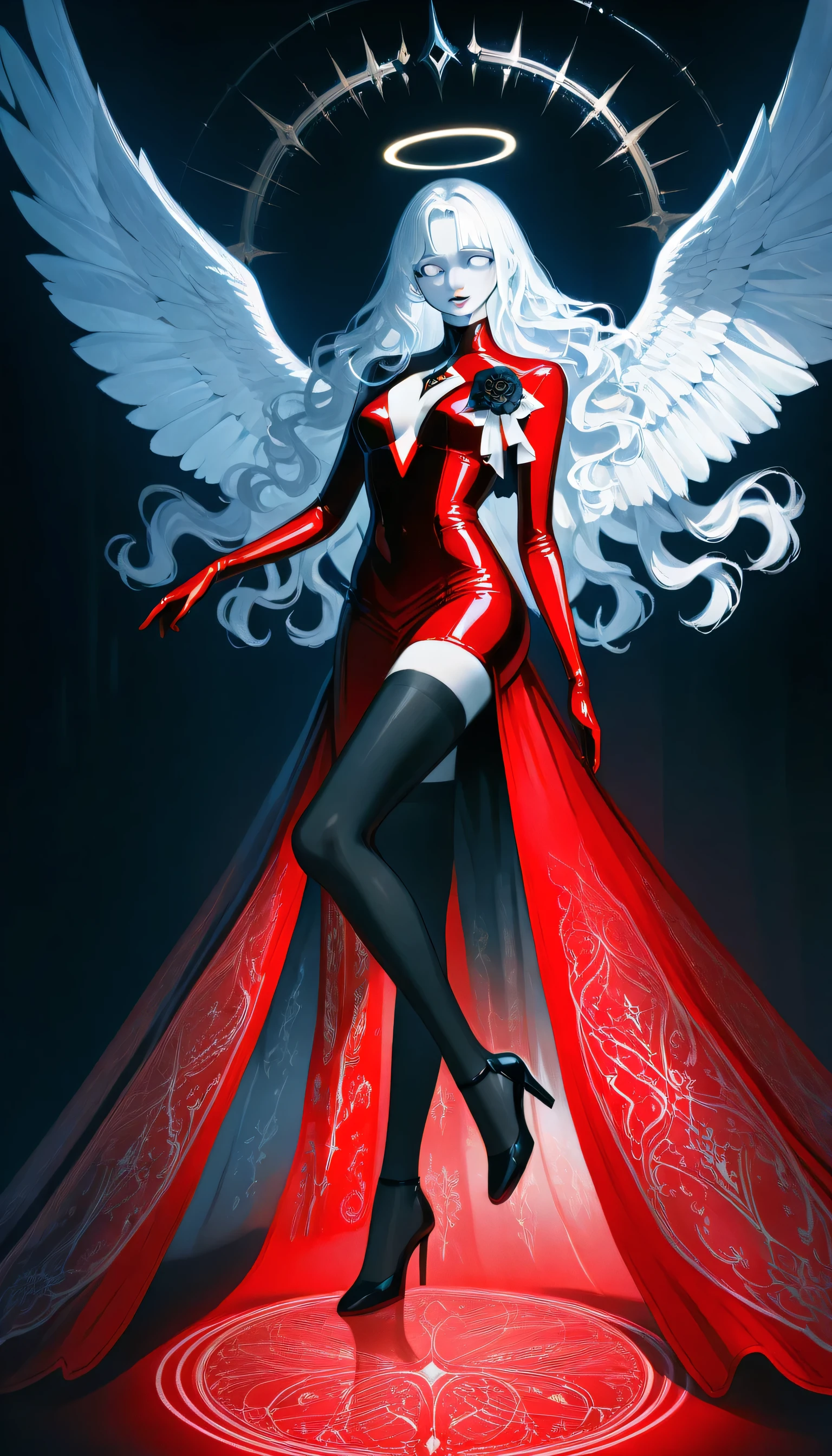 score_9, score_8_up, score_7_up, score_6_up, score_5_up, score_4_up, a picture of magnificent  female angel, busty long hair, dynamic hair color, long hair, wavy hair, shining blue eyes, white wings, wearing intricate elegant (red leather dress: 1.3), wearing ((black high heels: 1.5)), wings have angel wings angel, pale skin, angel wings, wings, white wings, white hair, white eyes, glowing eyes, white dress with golden pattern, Halo, fantasy,  black latex corsage, black stockings, Hyperrealism style