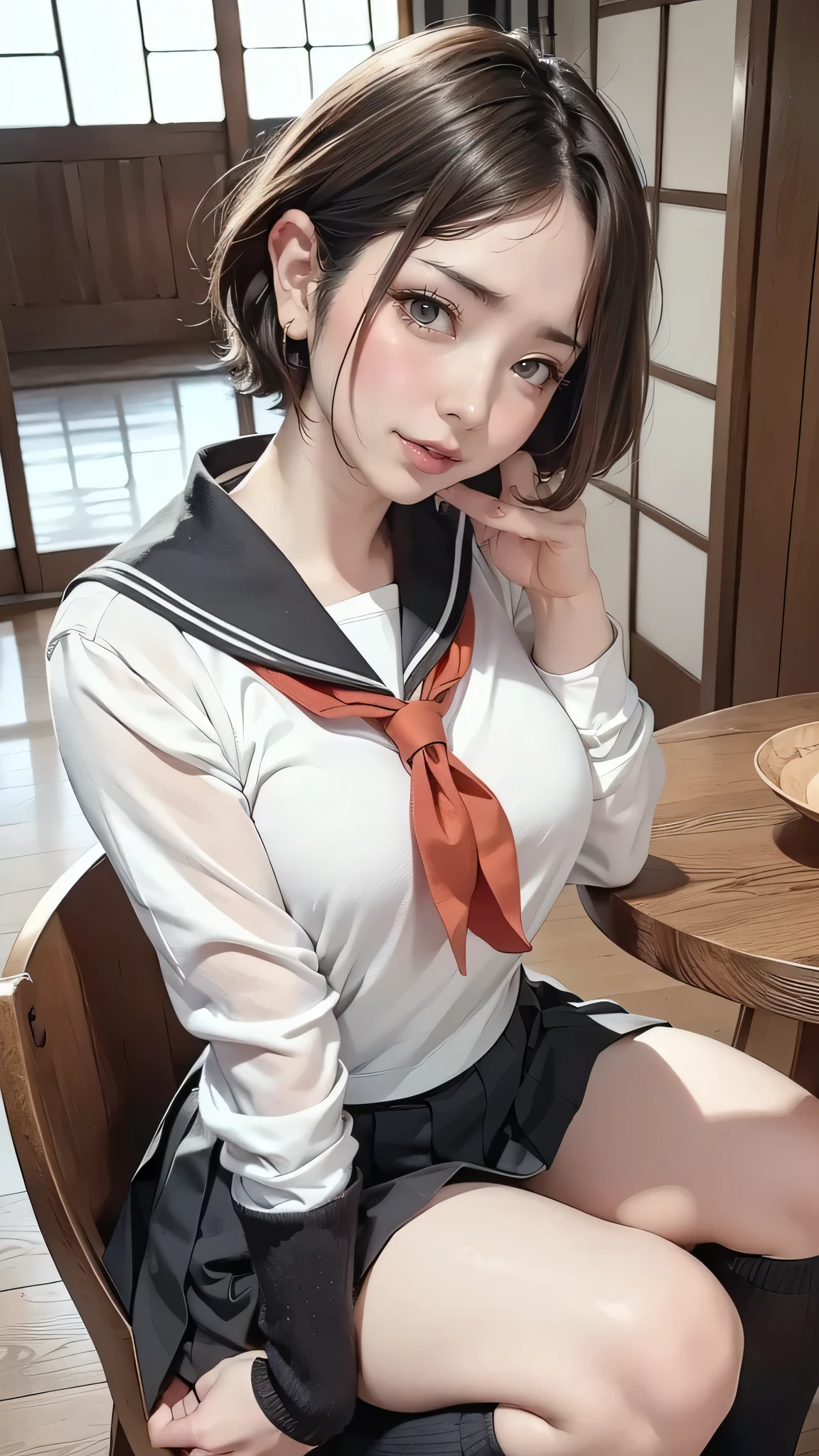 8K, masterpiece, highest quality, ultra high resolution, highest resolution, very detailed, professional lighting, orange light lighting、Backlight、Detailed CG、Low angle from the front、full body shot、Beautiful woman、beautiful eyes、(detailed face and iace:1 2)、narrow eyes、almond eye、brown eyes、gradation eye、highlight:1.2)、(beautiful black hair、short hair、(plump lips) 、(oval face : 1.4)、(thin fingered arms、detailed human hand)、(table top, highest quality:1.2), nostalgic、wooden warehouse、Scenery with Japanese wooden houses、sitting in veranda、ancient folk house、pine trees、plant、beautiful japanese garden、beautiful red sunset、vapor、mist、white breath、full body pose、A girl who blends into the scenery、sitting in a chair、Beautiful woman, small face、white skin、very cute, 、(fine eyes、bright pupils、gradient eyes:1、細かく描かれたbeautiful eyes:1、symmetrical eyes:1、目の大きなhighlight:1.2)、thin hair、brown eyes)、Breasts are medium in size、(black brown hair、ベリーshort hair:1.5)、(black sailor suit、serafuku:1.4)、thin and long legs、beautiful hip line、beautiful spine、constricted back、tight waist、JK black skirt 、pleated skirt、Hip line emphasis、black socks、black stockings、brown eyes,face is a little red, beautiful breasts、Breasts are A cup、shoes are loafers) 、(round face: 1.4)、gentle smile、open your mouth、teeth visible、black knee high socks、She wears a sweater over her sailor suit jacket..