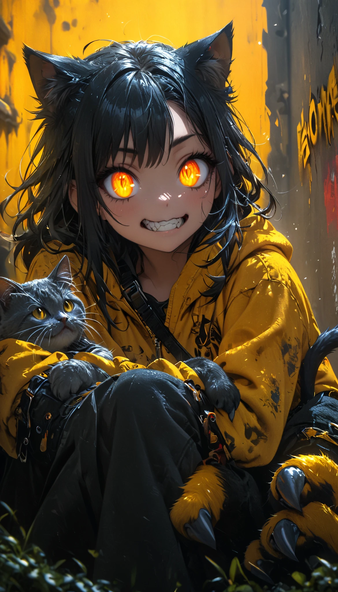  wallpaper 4k ,yellow background,1 girl,Graffiti style image,cat, bright eyes ,claws and teeth