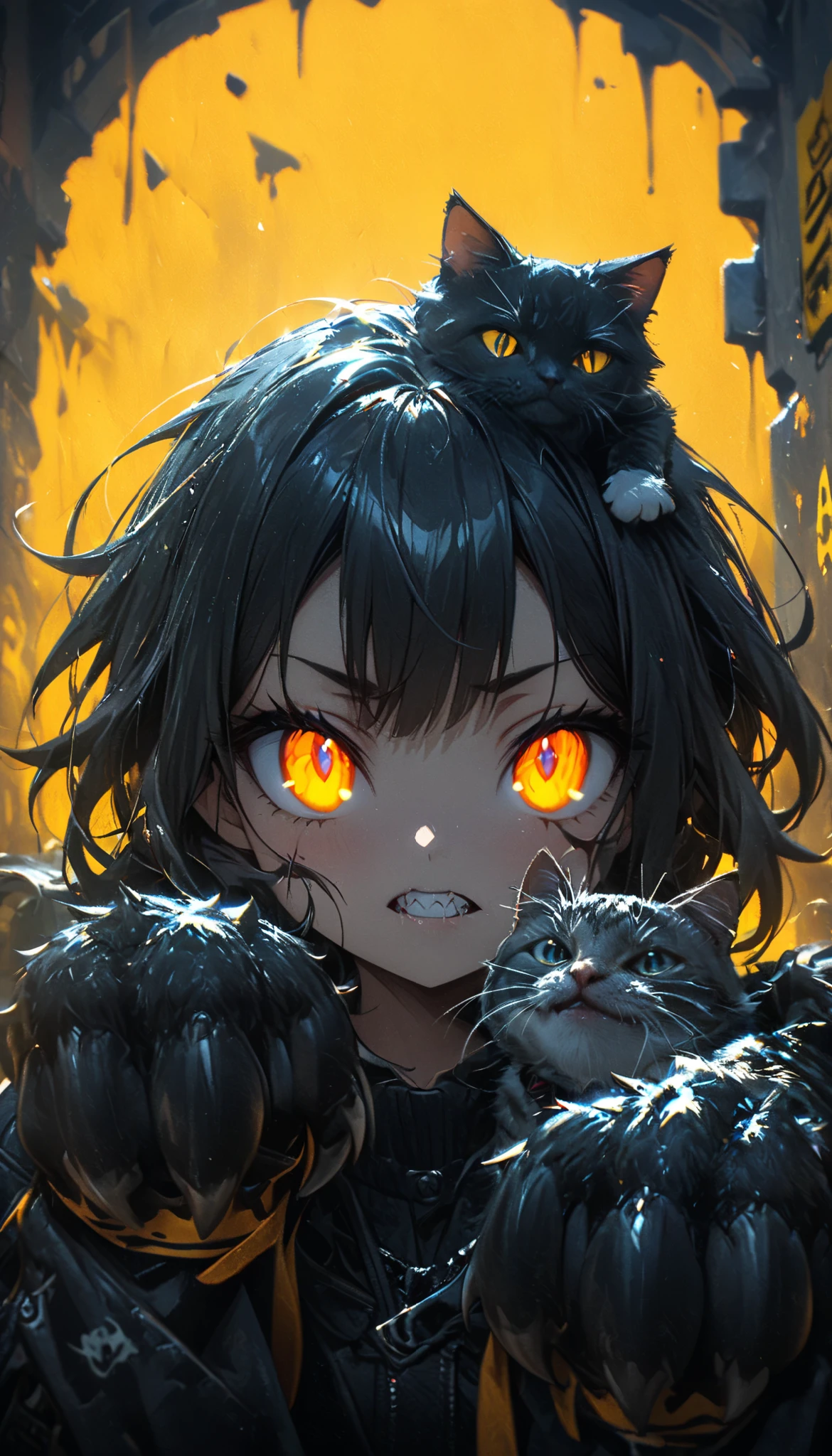 wallpaper 4k ,yellow background,1 girl, graffiti style image,cat, bright eyes ,claws and teeth