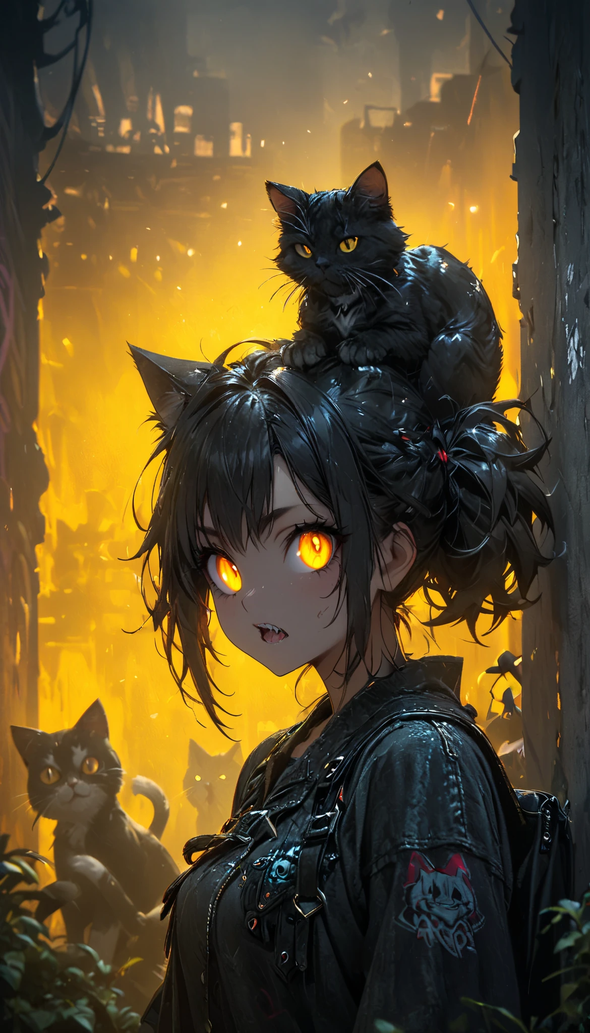 wallpaper 4k ,yellow background,1 girl, graffiti style image,cat, bright eyes ,claws and teeth
