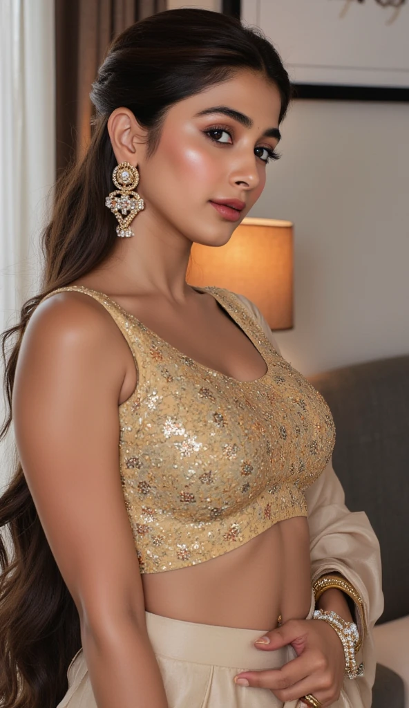 Create an image of a woman positioned in the foreground, centered, and viewed from the front. She has fair complexion and a soft, round face framed by shoulder-length, wavy, light brown hair, neatly styled with some tresses elegantly tucked behind her ears, revealing dangle earrings made of gold with intricate filigree and studded with pearls and rubies.
She possesses piercing, almond-shaped blue eyes, neatly defined by thin, arched eyebrows that enhance her expressive gaze. Her slender nose leads down to full, well-defined lips with a subtle shade of pink lipstick matching her natural lip color. She wears a gentle, inviting smile, capturing an essence of warmth and approachability.
The woman's attire suggests a fusion of cultures; she wears a fitted, cream-colored blouse with a modest neckline, accentuating her collarbones. Draped over this is an orange saree with a golden border, the fabric of which has a soft sheen, indicating a material like silk. The saree is adorned with small, detailed golden embroidery and sequins, catching the light and adding to the richness of the portrait. Her jewelry is traditional Indian, including a layered necklace with gold and rubies, a matching choker, bangles, and a ring, all complementing her saree.
The warm tones of the environment harmonize with the woman's outfit, and the light seems to emanate from the upper left corner, casting a soft glow on her face and creating a play of light and shadow that highlights her features with a naturalistic touch.
The overall composition balances vibrant cultural elements with the woman's serene and graceful demeanor, creating a portrait grounded in tradition and strikingly individual.