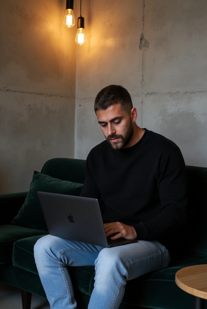 (Masterpiece:1.3), (8K, Photorealistic, RAW photo, Best Quality: 1.4)A stylish, industrial-inspired lounge where a young man sits on a black sofa, absorbed in his black space grey colour MacBook pro. Hair: The hair is short, styled short on the sides and longer on top. The color is a natural dark brown base with subtle hints of lighter brown or warm undertones in the lighting. Beard: The beard is well-groomed and matches the hair color with a dark brown tone, slightly darker than the hair on the head due to its density. There are faint warmer undertones around the jawline and mustache, which add natural definition to the face. The beard is consistent in tone, appearing clean and uniform, complementing the overall hairstyle. Together, the cohesive dark brown tones of the hair and beard create a polished and modern appearance, with a natural warmth that enhances his features.. The room features textured grey concrete walls, creating a unique modern art backdrop. Above him, two exposed filament pendant lights hang, casting warm, atmospheric light that highlights the aged texture of the sofa and the subtle velvet pillows. His outfit0oversized black crewneck sweatshirt and light blue jeans, and white sneakers—adds a clean, contemporary touch to the retro setting. Details: Lighting: Warm and ambient, creating soft shadows and a moody atmosphere. Camera Angle: Wide shot, slightly tilted to emphasize the lines of the wall and subject’s posture. Mood: Cozy, stylish, and industrial. Color Palette: Warm earth tones – browns, grays, copper, and deep green. Artistic Style: Interior photography with a focus on industrial design and minimalistic fashion. Depth of Field: Shallow (sharp focus on subject and immediate surroundings, subtly blurred edges).