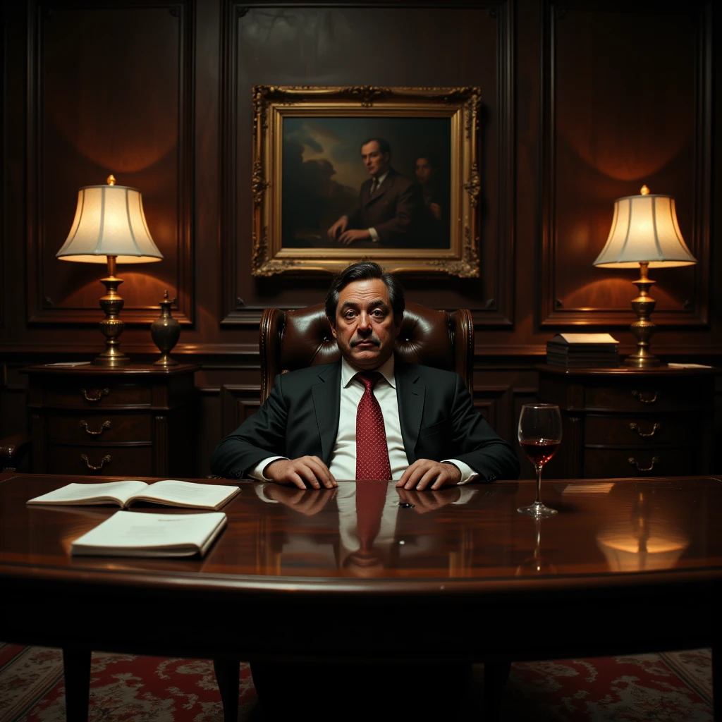  An elegant office room of a billionaire ,  illuminated by faint lights . In the center, billionaire Samuel Grayson, dead in his office chair.,  and a rich wooden table with a broken wine glass , with a mysterious residue dripping from the cup . In the background,  an intriguing and dislocated work of art on the wall .  The environment must convey a dark air ,  with shadows cast that suggest mystery and tension ."

