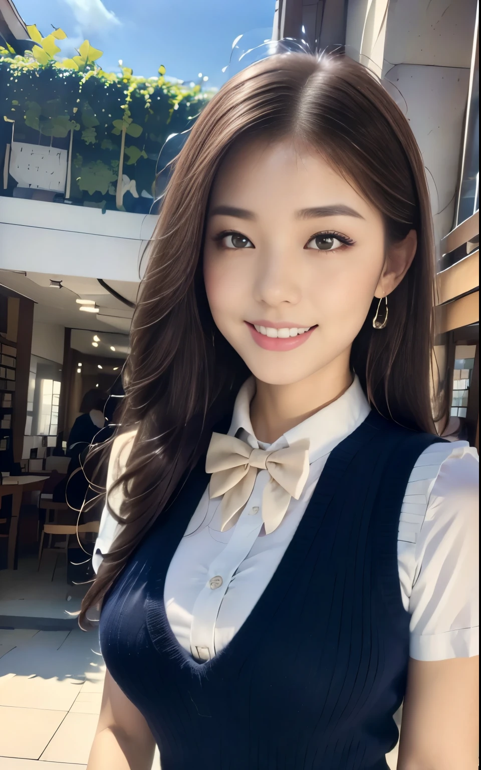 (masterpiece:1.2,  top quality), (  realistic  , photo  realistic  :1.4), Big Breasts:1.2,   beautiful illustration  , ( natural light,   movie lights),   depth of written border ,    keeps staring at the audience , ( face focus,   upper body), Front View,   1 girl,   Japanese  ,  26 years old ,  perfect face, symmetrical pretty face,   black hair,    asymmetric bang  ,   big eyes, Droopy eyes, Long Lashes  ,  beautiful hair,   beautiful face,   beautiful eyes ,   beautiful body,  beautiful thighs,   beautiful legs,  Libraries  , (( High-quality fabric texture  , Brown knit vest,  short sleeve white collared shirt,   navy pleated skirt to carry a bag on your shoulder,   navy bow tie  )), (   Beautiful Scenery   ),   evening  , ( Libraries の中),   standing with different breasts , Very attractive smile:1.3, from below