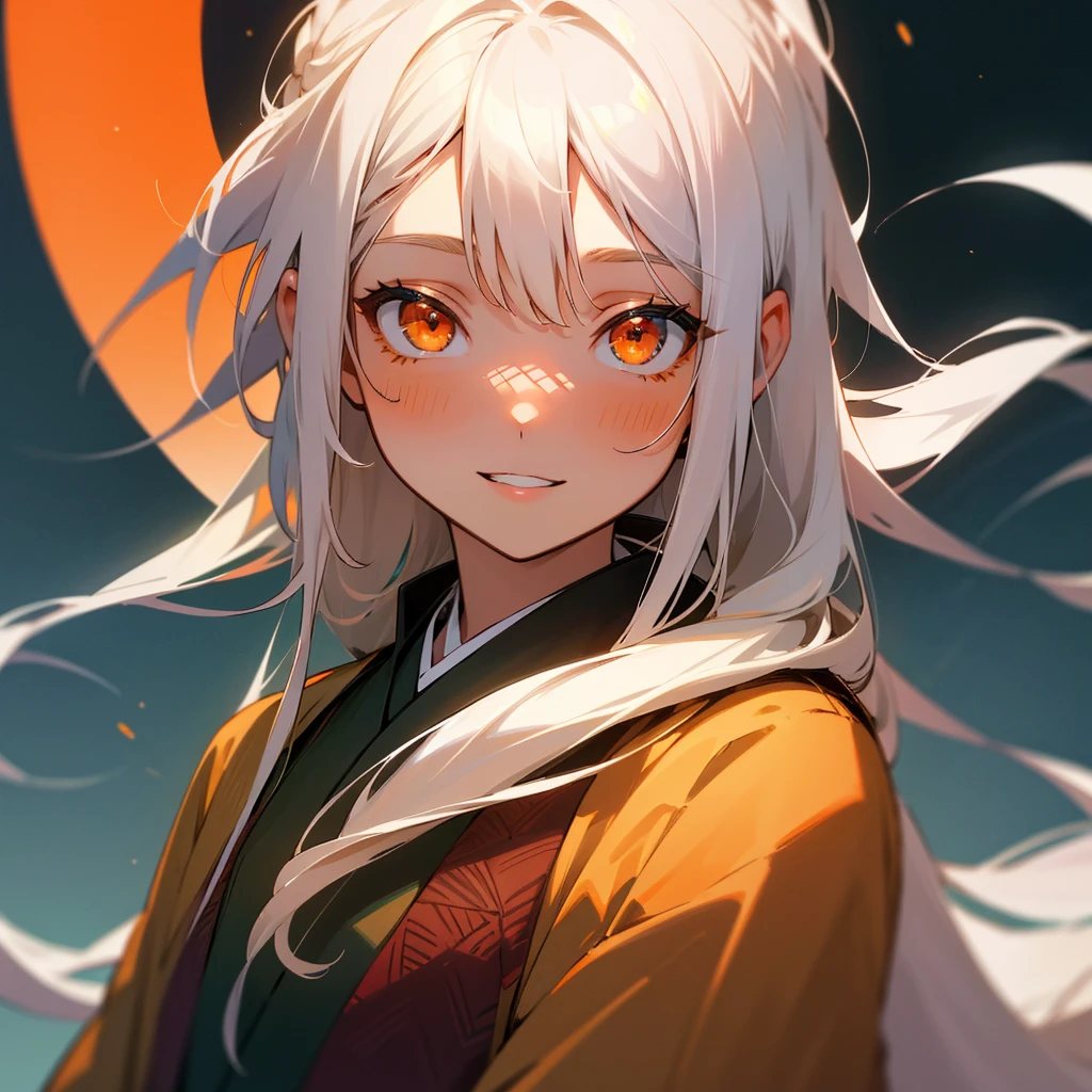 (high resolution:1.18), intricate detail, (masterpiece:1.1), (highest quality:1.1), absurdres),(1girl, portrait, white hair, orange eyes, long hair, detailed eyes), 1girl, Solo, High Resolution, Long Hair, long white hair, wearing sheer green haori, Best Quality, High Resolution, HD, High Details, Long Hair, Very Long Hair, White Hair, Blush, Smile, Parted Lips, 