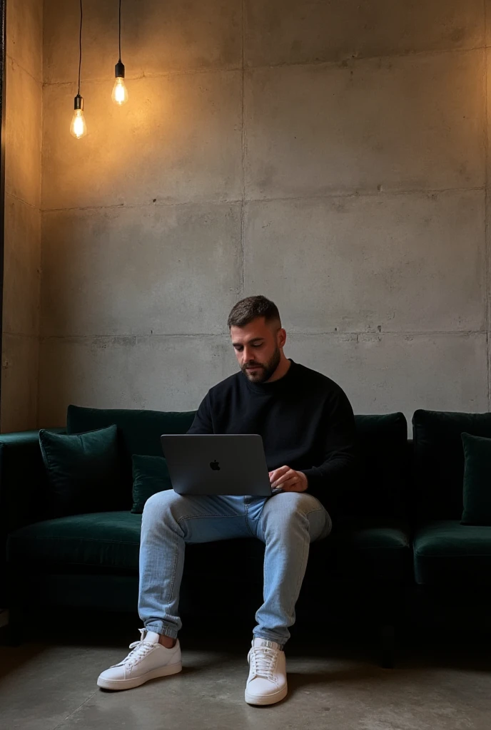 (8K, Photorealistic, RAW photo, Best Quality: 1.4)A stylish, industrial-inspired lounge where a young man sits on a black sofa, absorbed in his black space grey colour MacBook pro. Hair: The hair is short, styled short on the sides and longer on top. The color is a natural dark brown base with subtle hints of lighter brown or warm undertones in the lighting. Beard: The beard is well-groomed and matches the hair color with a dark brown tone, slightly darker than the hair on the head due to its density. There are faint warmer undertones around the jawline and mustache, which add natural definition to the face. The beard is consistent in tone, appearing clean and uniform, complementing the overall hairstyle. Together, the cohesive dark brown tones of the hair and beard create a polished and modern appearance, with a natural warmth that enhances his features.. The room features textured grey concrete walls, creating a unique modern art backdrop. Above him, two exposed filament pendant lights hang, casting warm, atmospheric light that highlights the aged texture of the sofa and the subtle velvet pillows. His outfit0oversized black crewneck sweatshirt and light blue jeans, and white sneakers—adds a clean, contemporary touch to the retro setting. Details: Lighting: Warm and ambient, creating soft shadows and a moody atmosphere. Camera Angle: Wide shot, slightly tilted to emphasize the lines of the wall and subject’s posture. Mood: Cozy, stylish, and industrial. Color Palette: Warm earth tones – browns, grays, copper, and deep green. Artistic Style: Interior photography with a focus on industrial design and minimalistic fashion. Depth of Field: Shallow (sharp focus on subject and immediate surroundings, subtly blurred edges).