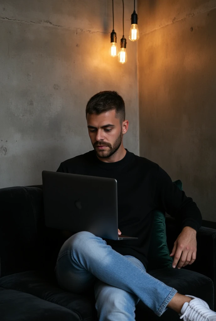 Masterpiece:1.3), (8K, Photorealistic, RAW photo, Best Quality: 1.4)A stylish, industrial-inspired lounge where a young man sits on a black sofa, absorbed in his black space grey colour MacBook pro. Hair: The hair is short, styled short on the sides and longer on top. The color is a natural dark brown base with subtle hints of lighter brown or warm undertones in the lighting. Beard: The beard is well-groomed and matches the hair color with a dark brown tone, slightly darker than the hair on the head due to its density. There are faint warmer undertones around the jawline and mustache, which add natural definition to the face. The beard is consistent in tone, appearing clean and uniform, complementing the overall hairstyle. Together, the cohesive dark brown tones of the hair and beard create a polished and modern appearance, with a natural warmth that enhances his features.. The room features textured grey concrete walls, creating a unique modern art backdrop. Above him, two exposed filament pendant lights hang, casting warm, atmospheric light that highlights the aged texture of the sofa and the subtle velvet pillows. His outfit0oversized black crewneck sweatshirt and light blue jeans, and white sneakers—adds a clean, contemporary touch to the retro setting. Details: Lighting: Warm and ambient, creating soft shadows and a moody atmosphere. Camera Angle: Wide shot, slightly tilted to emphasize the lines of the wall and subject’s posture. Mood: Cozy, stylish, and industrial. Color Palette: Warm earth tones – browns, grays, copper, and deep green. Artistic Style: Interior photography with a focus on industrial design and minimalistic fashion. Depth of Field: Shallow (sharp focus on subject and immediate surroundings, subtly blurred edges).