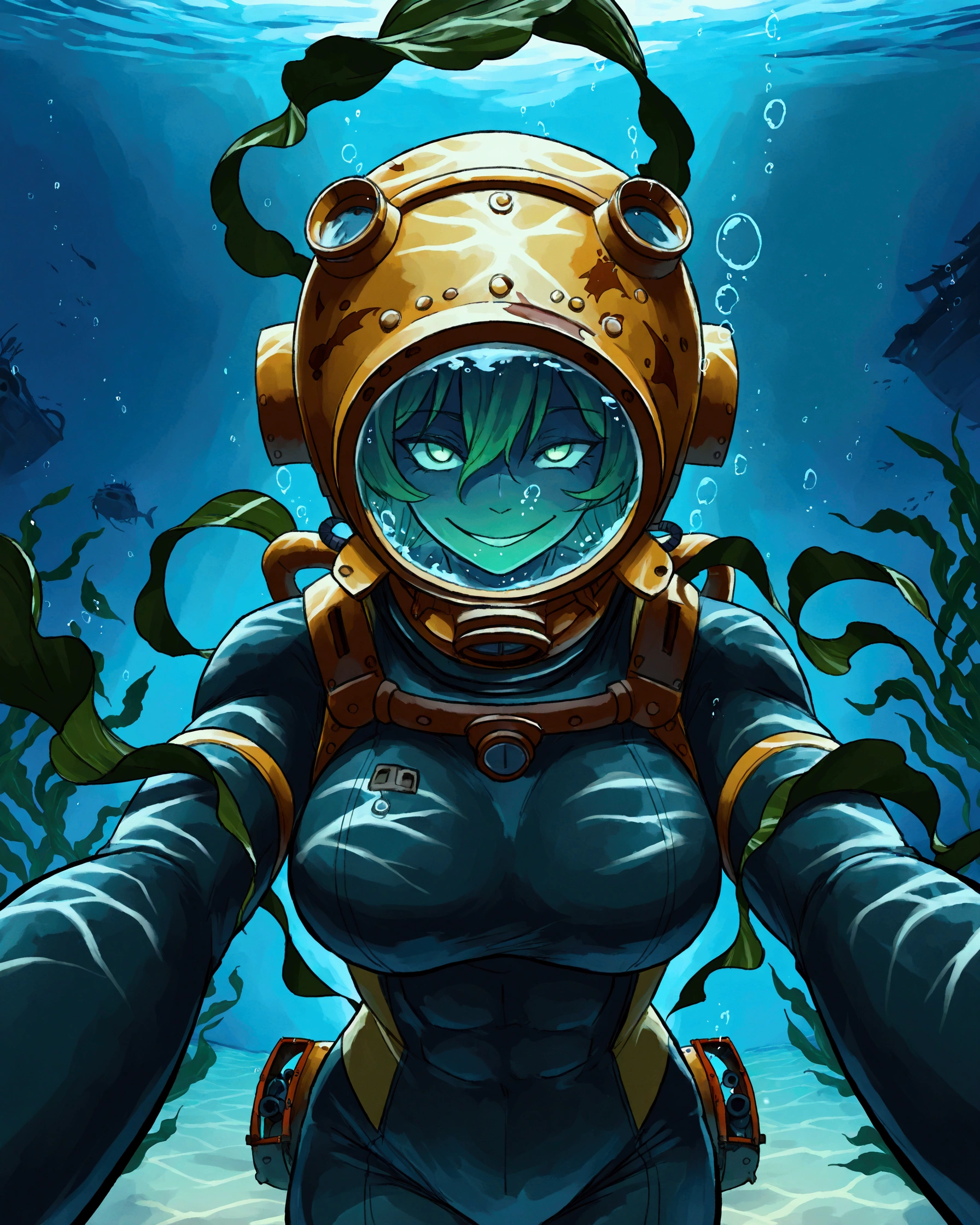 female deep sea Diver walking along the sea floor amongst shipwrecks, she's holding a rusty spear gun and her deep sea diving helmet is rusty as well as her diving suit is ripped and torn while emanating a ghostly green Glow, underwater, shipwrecks, deep sea diving helmet, 4K ultra detail the comma half and done, holding up in gun, reaching out with one hand, barnacles, seaweed, (Mark 5 diving helmet:1.5), shipwrecks, walking, horror_(theme), ghost, evil, looking at viewer, holding spear gun, ghostly green Glow, 1girl, solo, large_breasts, muscular, barnacles, rust, (shipwrecks:1.6), multiple shipwrecks, (phantom deep sea diva:1.4), broken air hose, bubbles, (underwater:1.7), upper body, portrait, pov, evil_eyes, evil_smile, night, darkness, [barnacles on diving suit], rusty_diving_suit, line_art, ghostly green Glow, phantom of the sea, (evil smile:1.3), ((Draped in seaweed:1.6)), Background, Detailed background, skeleton