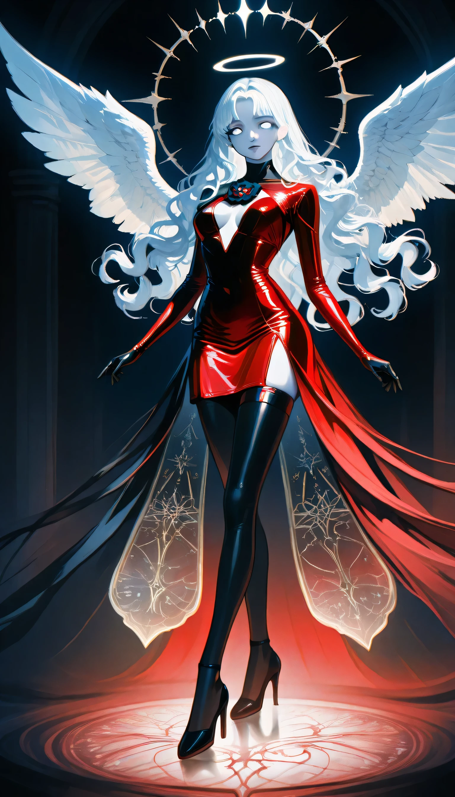 score_9, score_8_up, score_7_up, score_6_up, score_5_up, score_4_up, a picture of magnificent  female angel, busty long hair, dynamic hair color, long hair, wavy hair, shining blue eyes, white wings, wearing intricate elegant (red leather dress: 1.3), wearing ((black high heels: 1.5)), wings have angel wings angel, pale skin, angel wings, wings, white wings, white hair, white eyes, glowing eyes, white dress with golden pattern, Halo, fantasy,  black latex corsage, black stockings, Hyperrealism style