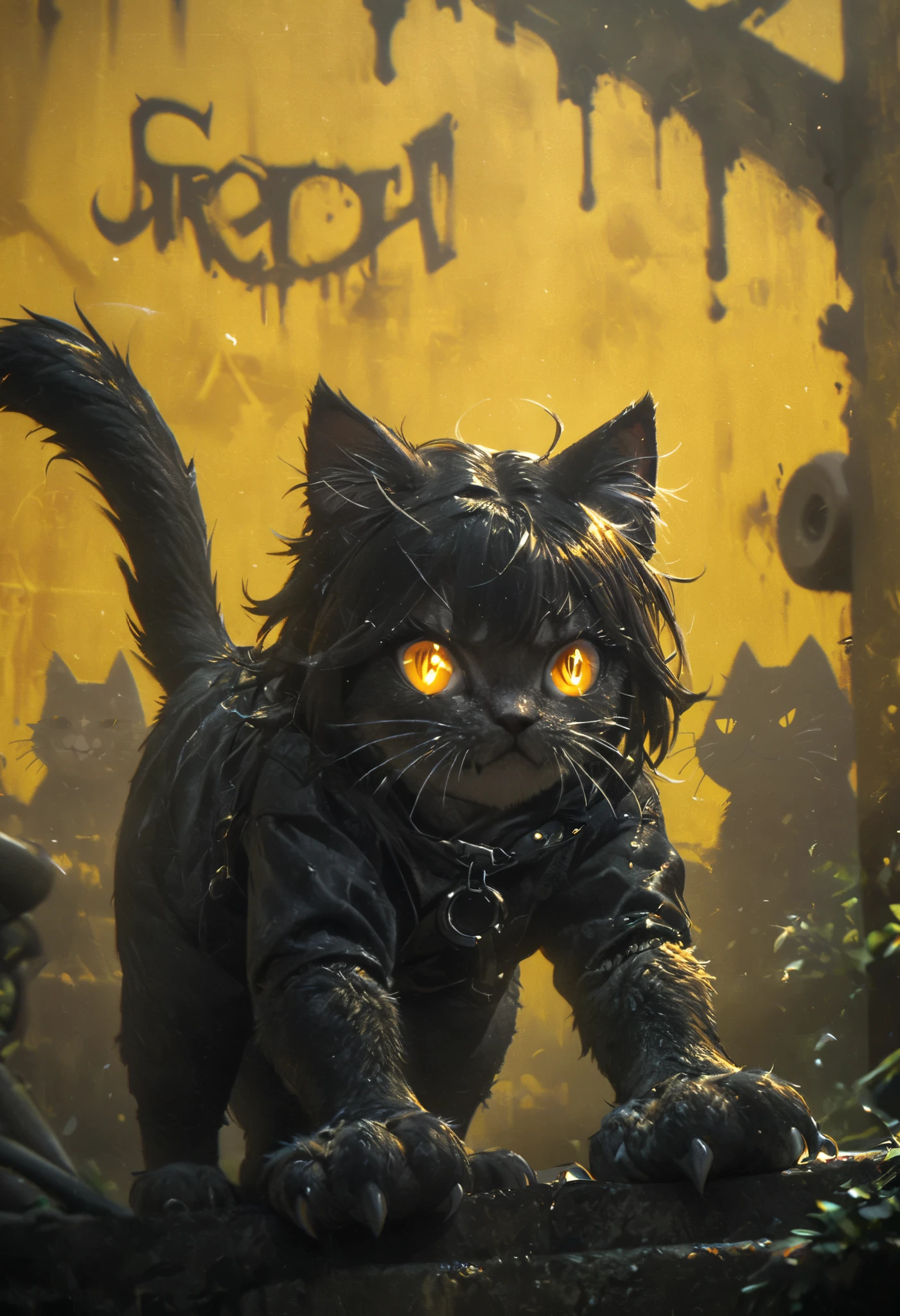 wallpaper 4k ,yellow background,1 girl, graffiti style image,cat, bright eyes ,claws and teeth