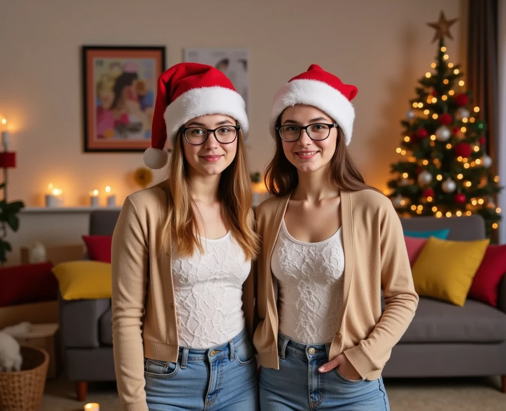 2 girls,  The focus is on the cleavage of a preadolescent 16-year-old Scandinavian girl. She is well built and has a round face.  She has blond wavy hair , up to her shoulders .  Her snub nose is very small and cuddly .  She has a small mouth and delicate , thin lips,  a short forehead and a short neck .  Her eyes are naturally blue and glow .  You have perfectly round pupils and a very detailed round iris. Her breasts are normal .  She has beautiful hands with five fingers and artificial greens , short fingernails .  She has high and round cheekbones ,  that blush a little . ((   She always wears modern glasses with a medium-wide black frame )). she looks into the camera smiling. (She is not wearing makeup ).  The camera shows her round thighs . She and her   {((  girlfriend with dark brown wavy hair . She is of Persian descent and is slightly larger.  She is not wearing glasses  ))}   They both wear a Santa Claus hat with wide white fur trim . (Both girls are wearing a modern outfit ,  a white lace bodysuit and a beige cardigan over it. Both girls are not wearing jeans ).  They are standing in a festively decorated living room with a large gray couch on which there are lots of colorful pillows. There are many indoor plants in the room .  There are posters of movie stars on the walls .  An old grandmother with gray curly hair is sitting in a wingchair .  In the background is a big ,  beautifully decorated Christmas tree .