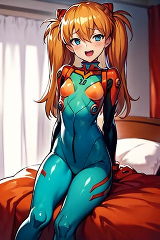 (( top quality )), ((masterpiece)), (be familiar with),  perfect face, indoor, bedroom,  watching viewers,
One woman,  Soryu Asuka Langley,
 open mouth,  ecstatic expression beside the piano, blush, smile,
 small tits,  flat chest, Young girl, Lori,  s,  girl,
 long hair,  Twin Tails ,
Leg spread,