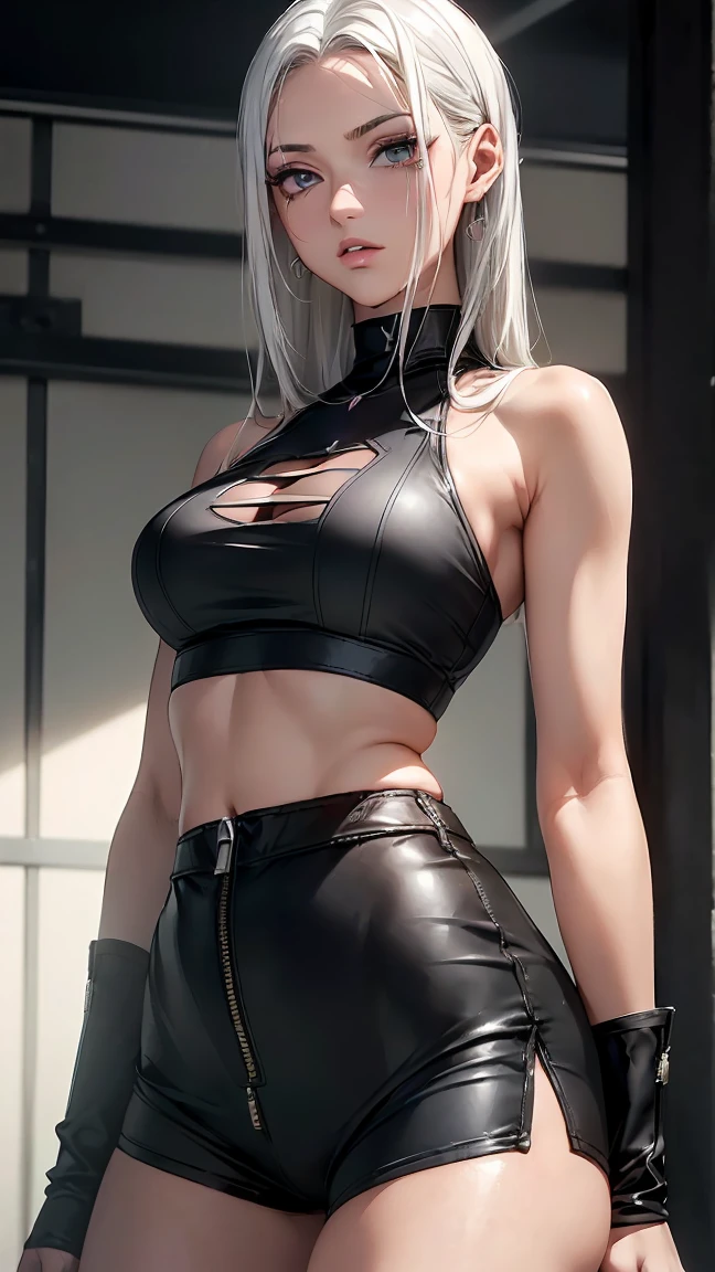 (((NSFW1.5))), cyberpunk world、(( exposed)、((Wearing sexy skirts and cyberpunk clothes)),(((Silver Shorthair)))、(((Cyberpunk Skirt Costume)))、wear cyberpunk clothes、((Sexy cyberpunk outfit with little fabric in black))、photo-realistic，dynamic lighting，highly detailed face，Beautifully embroidered sexy cyberpunk clothes，with diamonds，sexy thin thighs，Decorated with fine cyberpunk costumes and fine jewelry，Fascinating，