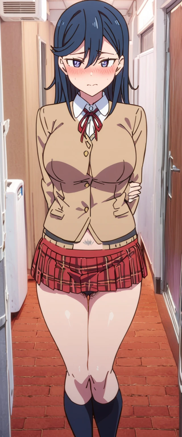 full body, barefoot, standing, Hyper detailed image, UHD, 16k, professional photo, (Realistic photo of Android-18 From Dragon Ball Z) girl Goddess of beauty, very straight short blonde hair, serious face expression, ((she wears a blue denim jacket and a cropped white shirt, short white underground showing flesh of the breast)), panties, blonde( panties showing ) smile, closed mouth and happy, looking at viewer, blush with sweat on her body, her wet body, leg spread sweet white wet
