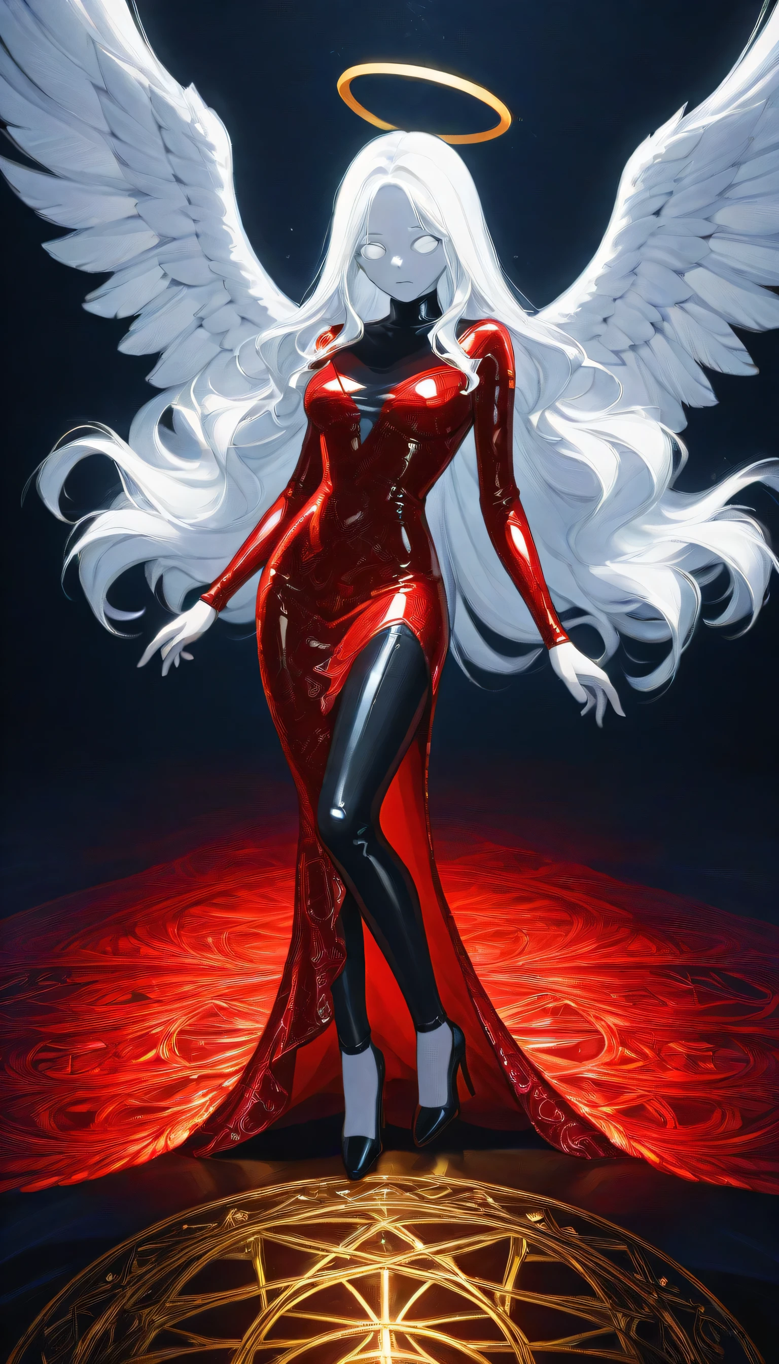 score_9, score_8_up, score_7_up, score_6_up, score_5_up, score_4_up, a picture of magnificent  female angel, busty long hair, dynamic hair color, long hair, wavy hair, shining blue eyes, white wings, wearing intricate elegant (red leather dress: 1.3), wearing ((black high heels: 1.5)), wings have angel wings angel, pale skin, angel wings, wings, white wings, white hair, white eyes, glowing eyes, white dress with golden pattern, Halo, fantasy,  black latex corsage, black stockings, Hyperrealism style