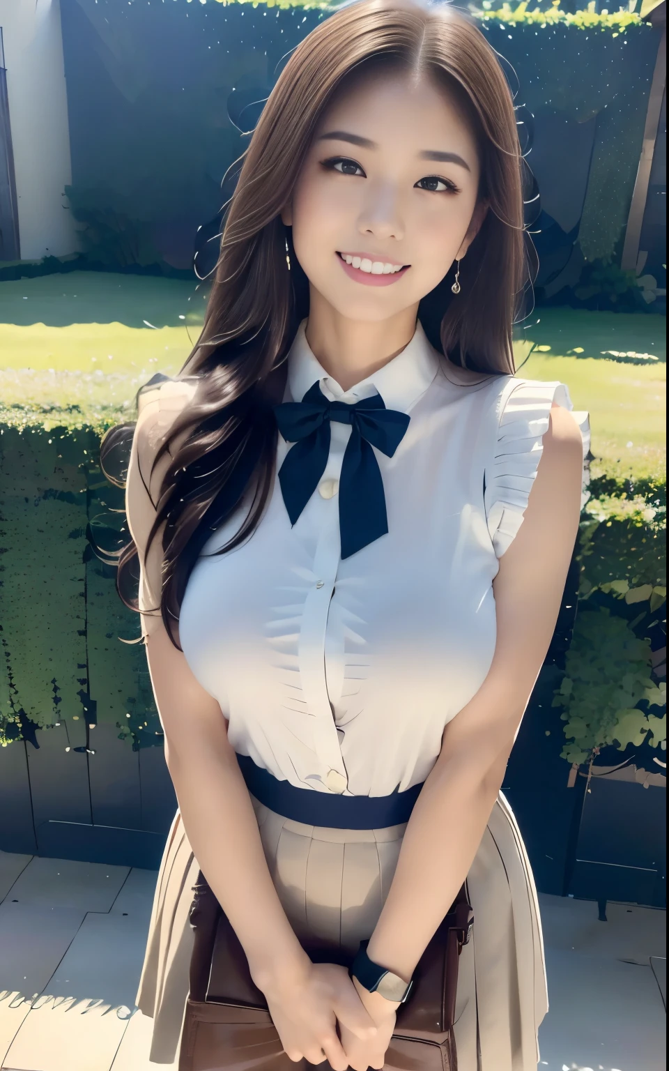 (masterpiece:1.2, top quality), ( realistic , photo realistic :1.4), Big Breasts:1.3, beautiful illustration , ( natural light, movie lights), depth of written border , keeps staring at the audience , ( face focus, upper body), Front View, 1 girl, 26 years old , perfect face, symmetrical pretty face, black hair, asymmetric bang , straight long hair style, big eyes, Droopy eyes, Long Lashes , beautiful hair, beautiful face, beautiful eyes , beautiful body, beautiful thighs, beautiful legs, Libraries , (( High-quality fabric texture , Brown knit vest, short sleeve white collared shirt, navy pleated skirt to carry a bag on your shoulder, navy bow tie )), ( Beautiful Scenery ), evening , ( Libraries の中), standing with different breasts , Very attractive smile:1.3, 175cm