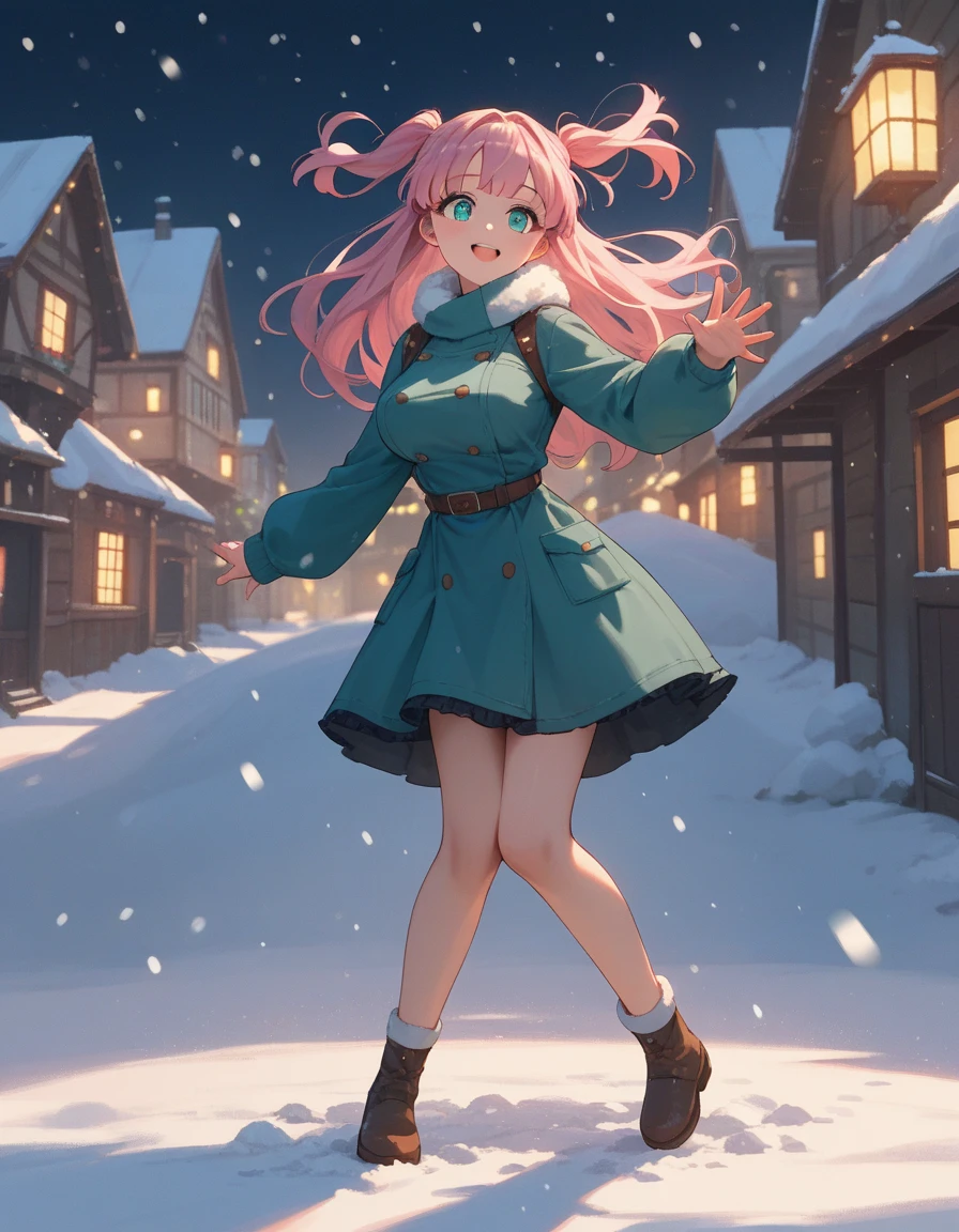 (best quality:1.2), (ultra-detailed:1.2), (2.5D:1.2), (Anime Moe Art Style), cute woman , pink hair, two side up, Cyan eyes, gradient eyes, large breasts, dark evening, lights from garlands around, snow falling, A girl is riding on ornate sleds.