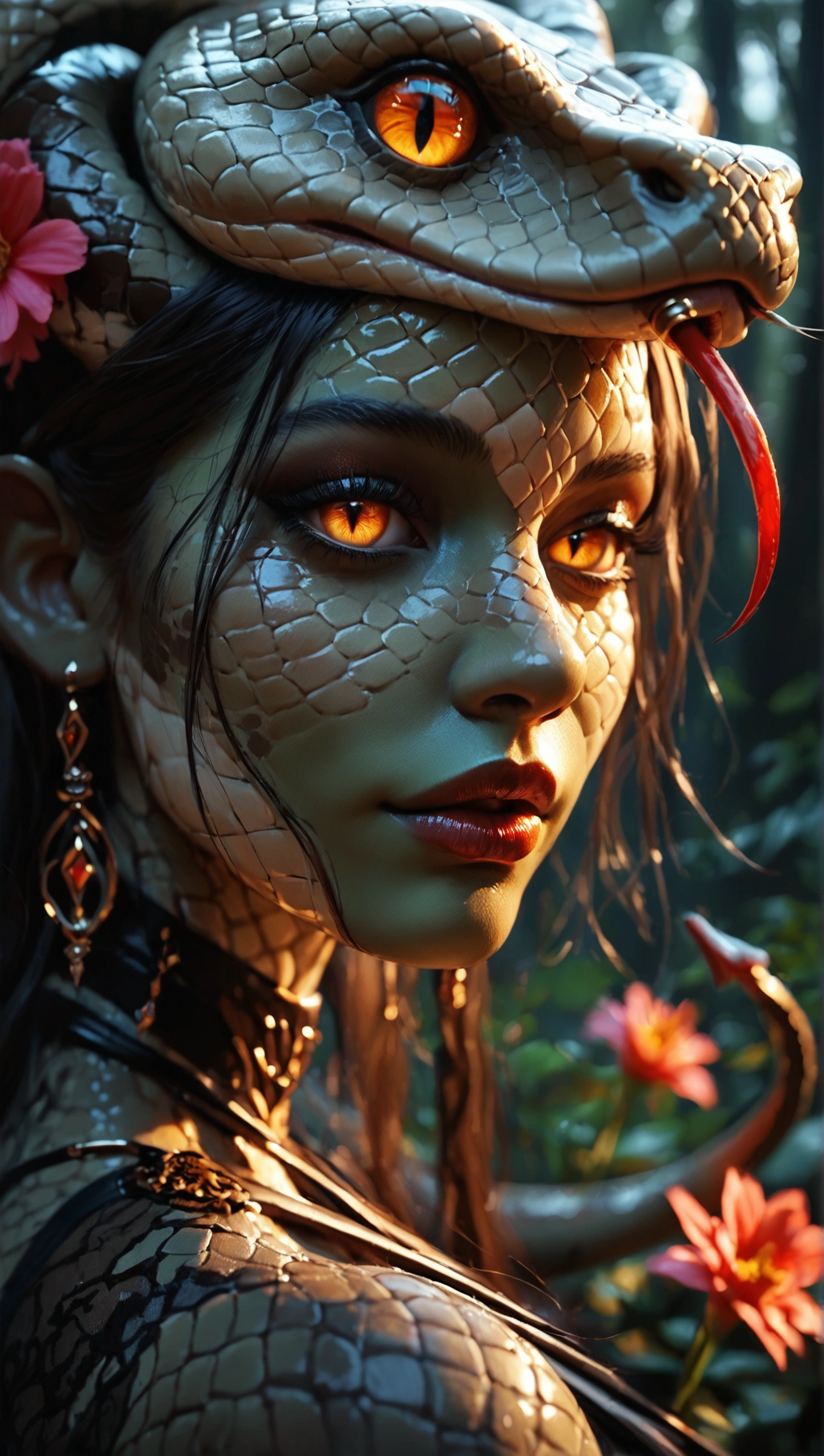 (scales skin)(snake_girl)(1girl)(snake girl)(solo)(snake skin)(demon horns)(snake tail)(demon wings)(snake eyes)(long tail snake)(dark night)(dark forest)(glowing flowers)(perfect hand)(expressive eyes)(perfect face)((Masterpiece))((best quality))(Score_9, score_8, score_7_up)(8k)(anatomy correct)(perfect anatomy)(ultra details),intricatefurry